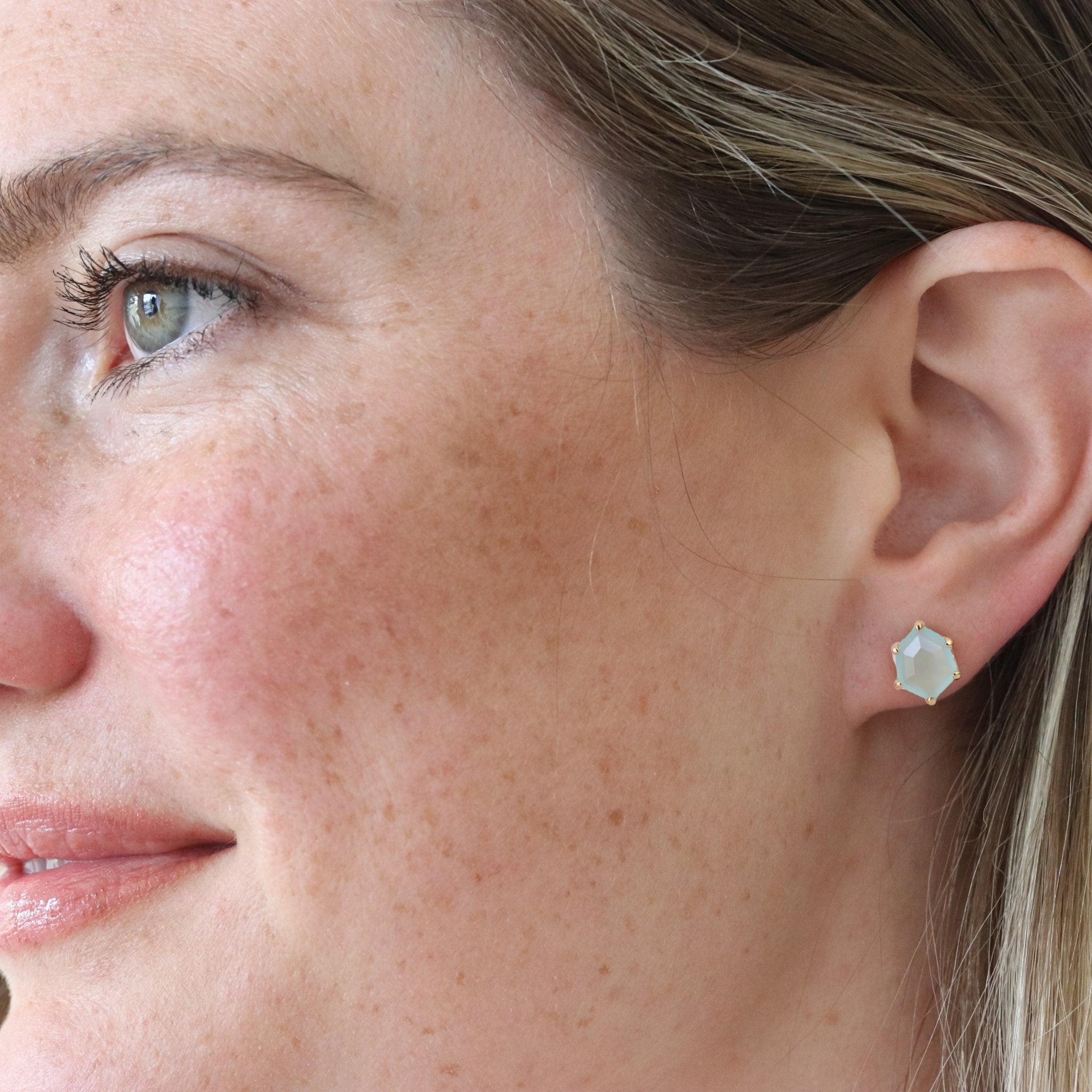 Mini Honour Stud Earrings - Aqua Chalcedony & Gold Plated for Women | Elegant Jewelry Gift for Birthday, Wedding & Everyday Wear