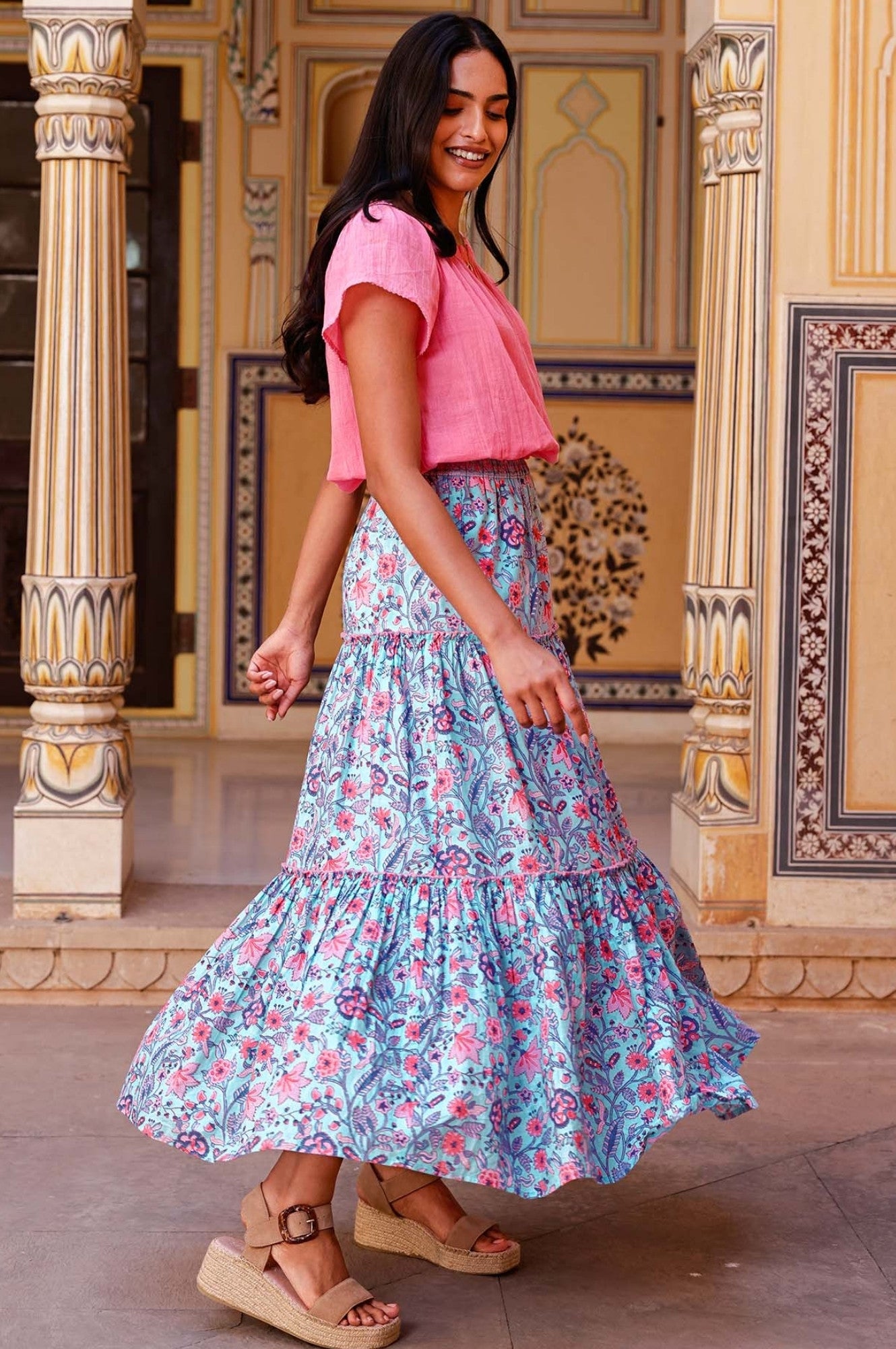 Becks Organic Cotton Block Print Skirt - Handmade Floral Maxi Skirt for Women | Gardenia Blue/Red | Perfect for Boho Beach, Summer Vacations & Music Festivals