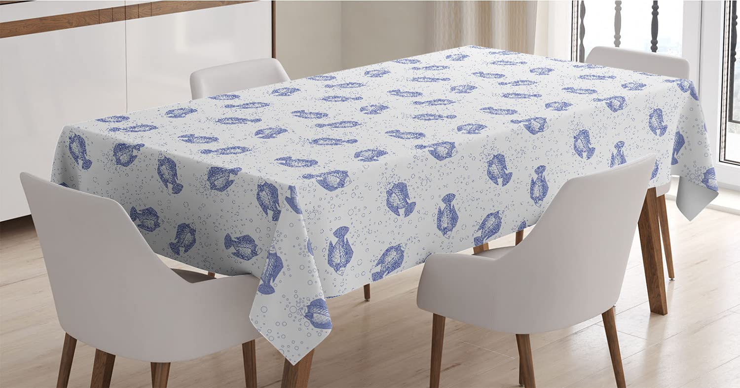 Ambesonne Waterproof Tablecloth - Fish & Marine Animals Ocean Theme, Dark Blue & White Satin Dining Table Cover 60x90 Inches - Perfect for Kitchen, Dining Room, and Outdoor Picnics