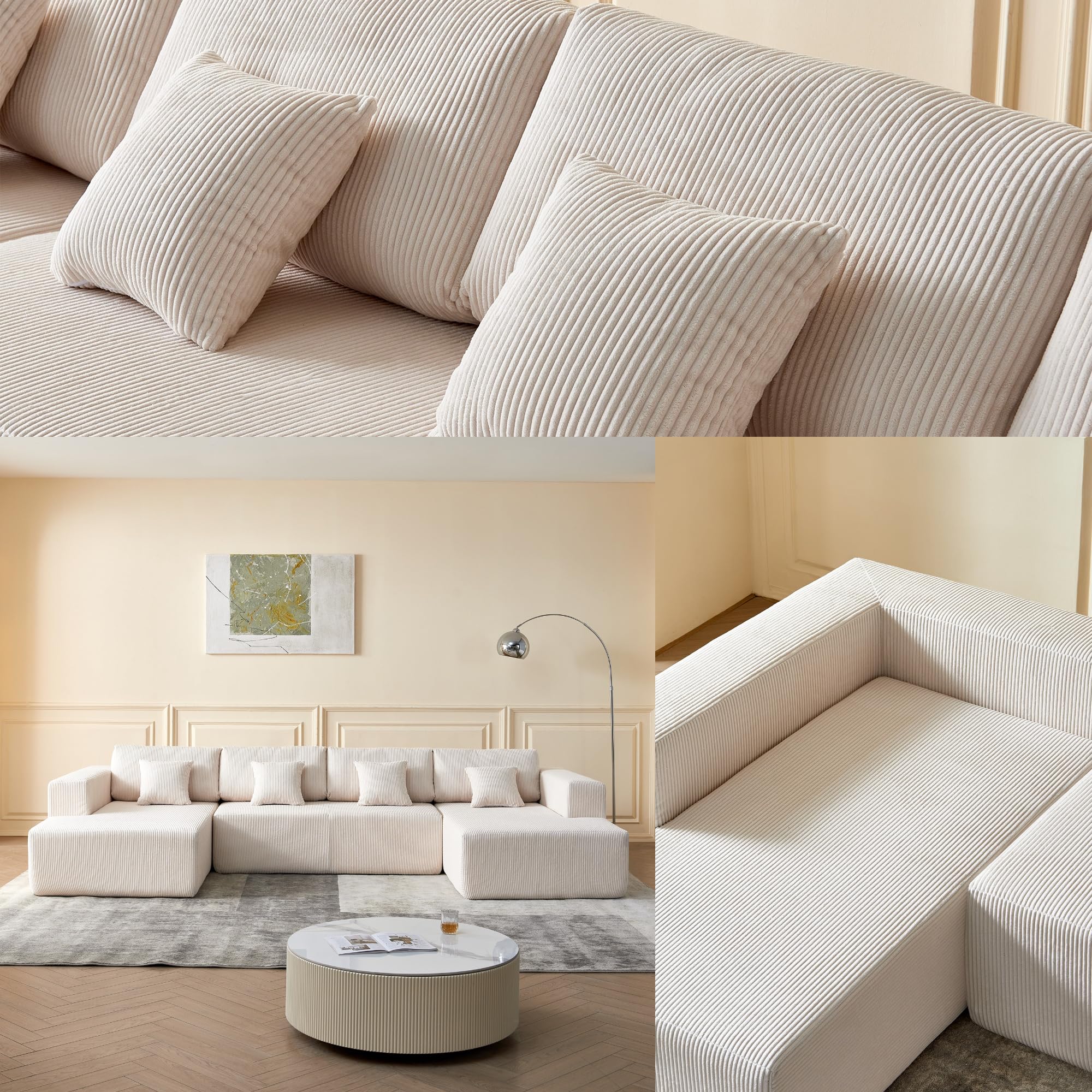 Luxury U-Shaped Sectional Sofa Set with Plush Corduroy Fabric & Reversible Chaise - 4-Seater Comfort Couch with Supportive Backrests for Living Room, Apartment - Perfect for Family Gatherings & Movie Nights (White)