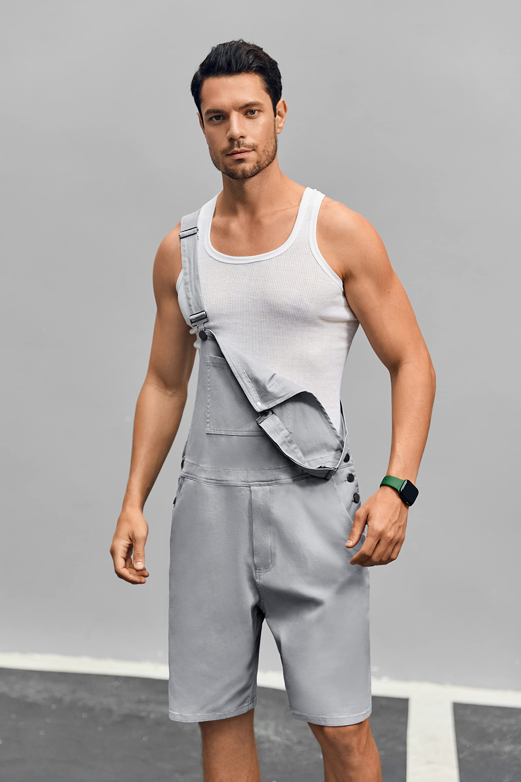 Runcati Men's Casual Bib Overalls - Lightweight Cotton Denim Jumpsuit with Pockets | Loose Fit Shorts for Walking, Hiking & Outdoor Activities