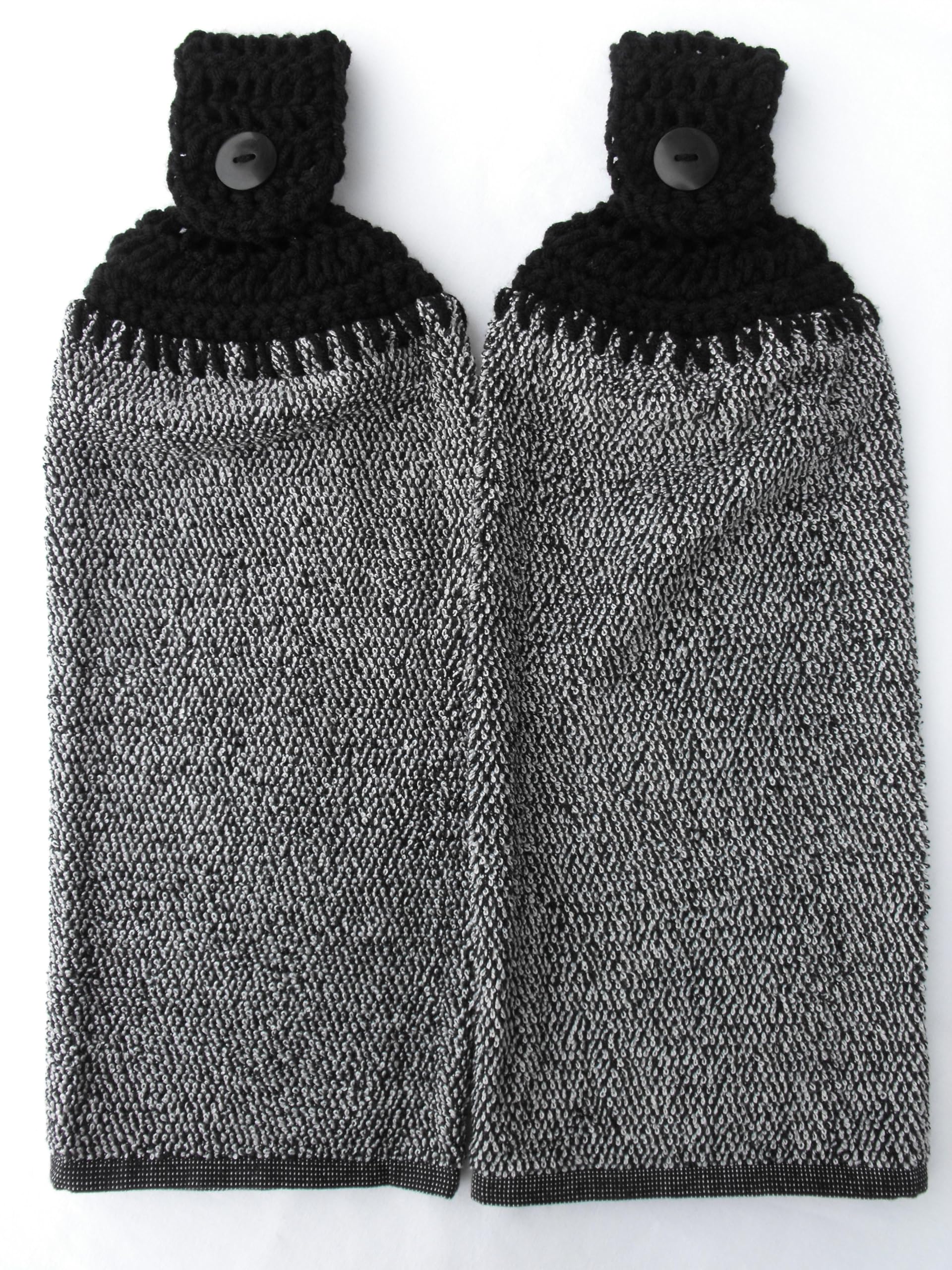 Premium Solid & Plaid Terry Cloth Kitchen Towels - 2-Pack with Crochet Hanging Loops - Black (Multiple Colors Available) - Absorbent Dish Towels for Kitchen, Bathroom & Home Decor
