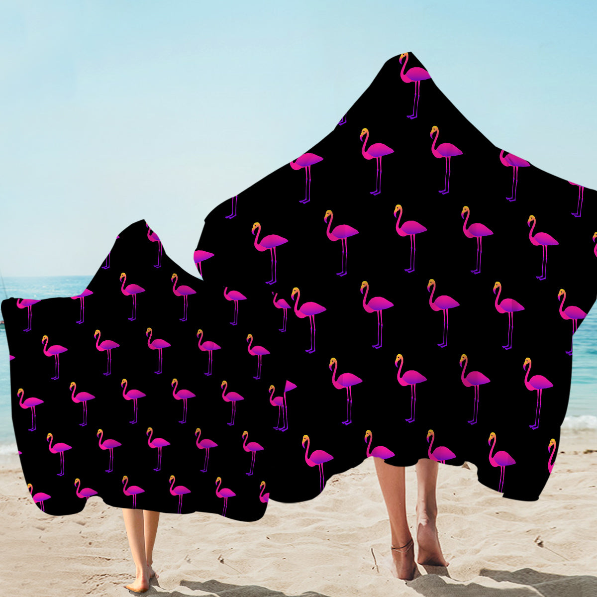 Black Hooded Towel with Flamingo Print - Soft & Absorbent Bath Towel for Kids, Beach, Pool, and Spa Use