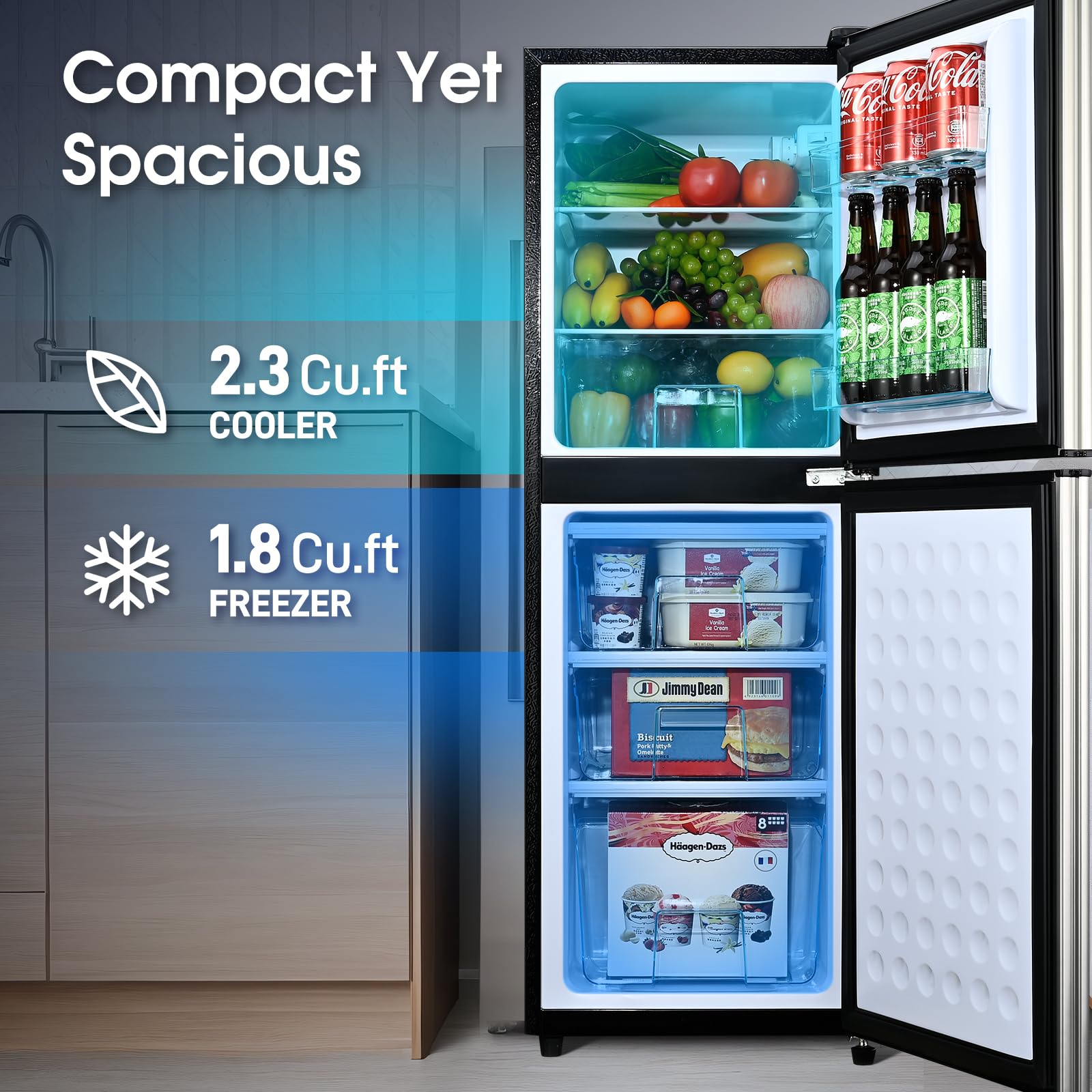 4.1 Cu.Ft Mini Fridge with Bottom Freezer & Drawer - 2 Door Compact Refrigerator with 7 Adjustable Temp Settings - Perfect for Bedroom, Dorm, Office & Small Apartments - Large Capacity Black Mini Fridge for Drinks, Snacks & Meal Storage