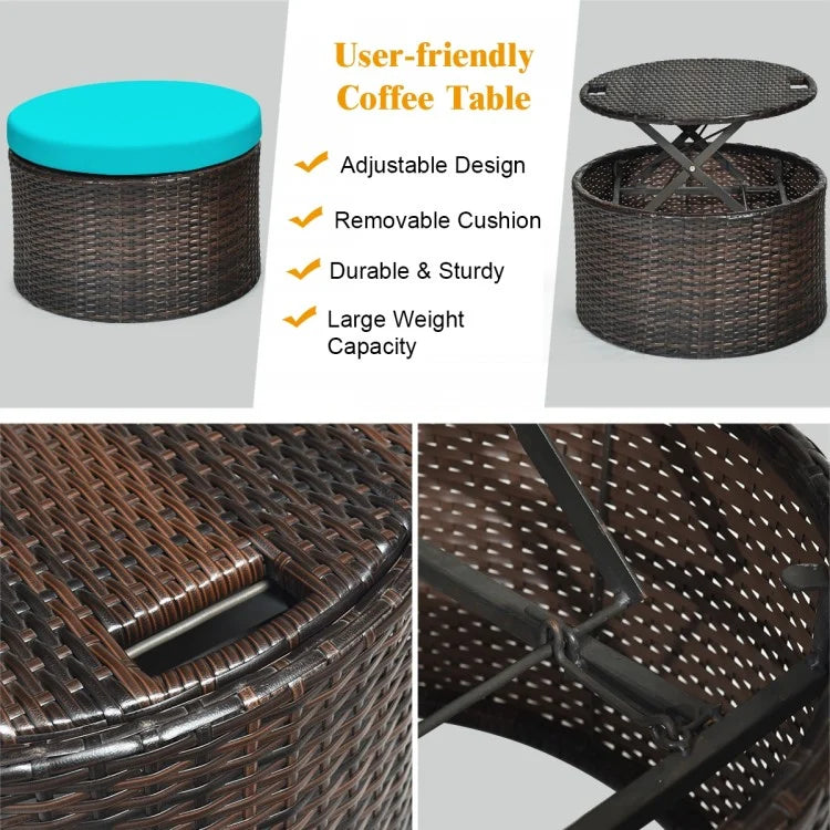 Turquoise Rattan Patio Daybed with Retractable Canopy & Adjustable Coffee Table - Outdoor Lounge Furniture for Poolside, Garden or Backyard Relaxation