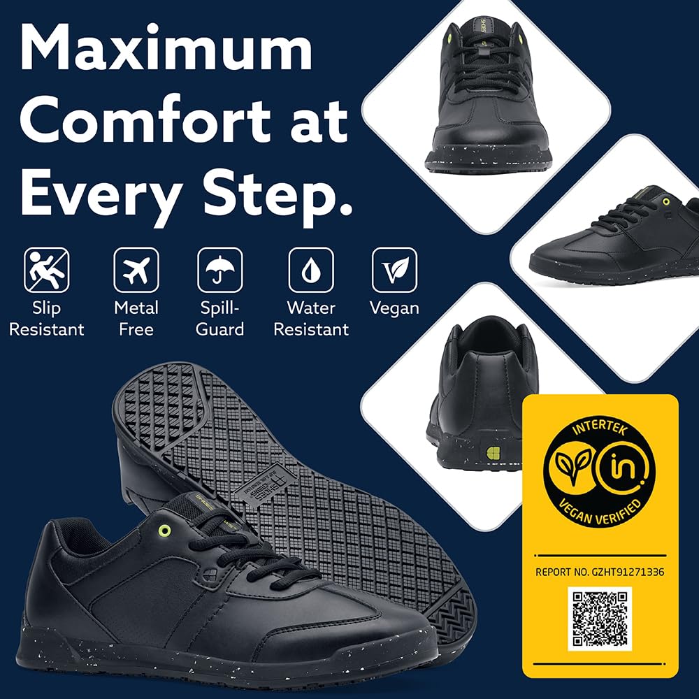 Slip Resistant Men's Work Shoes - Freestyle II Vegan Black Water Repellent Trainers with Trip Protection | Non-Slip Safety Footwear for Restaurant, Kitchen, Hospital & Construction Workers