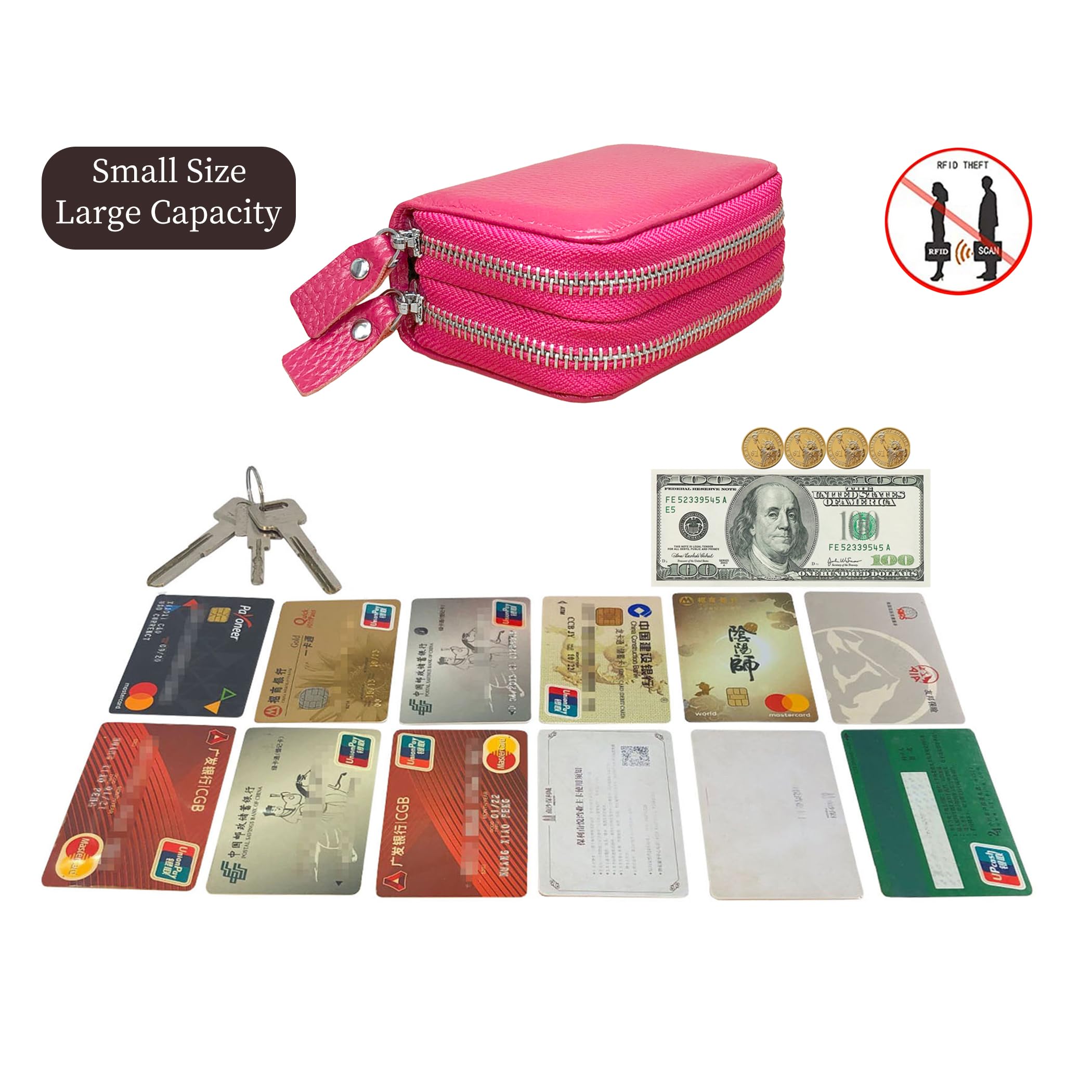 RFID Blocking Leather Credit Card Wallet for Women - Accordion Style Zip Wallet with Multiple Compartments | Perfect for Travel, Shopping & Everyday Use (Rose Red)