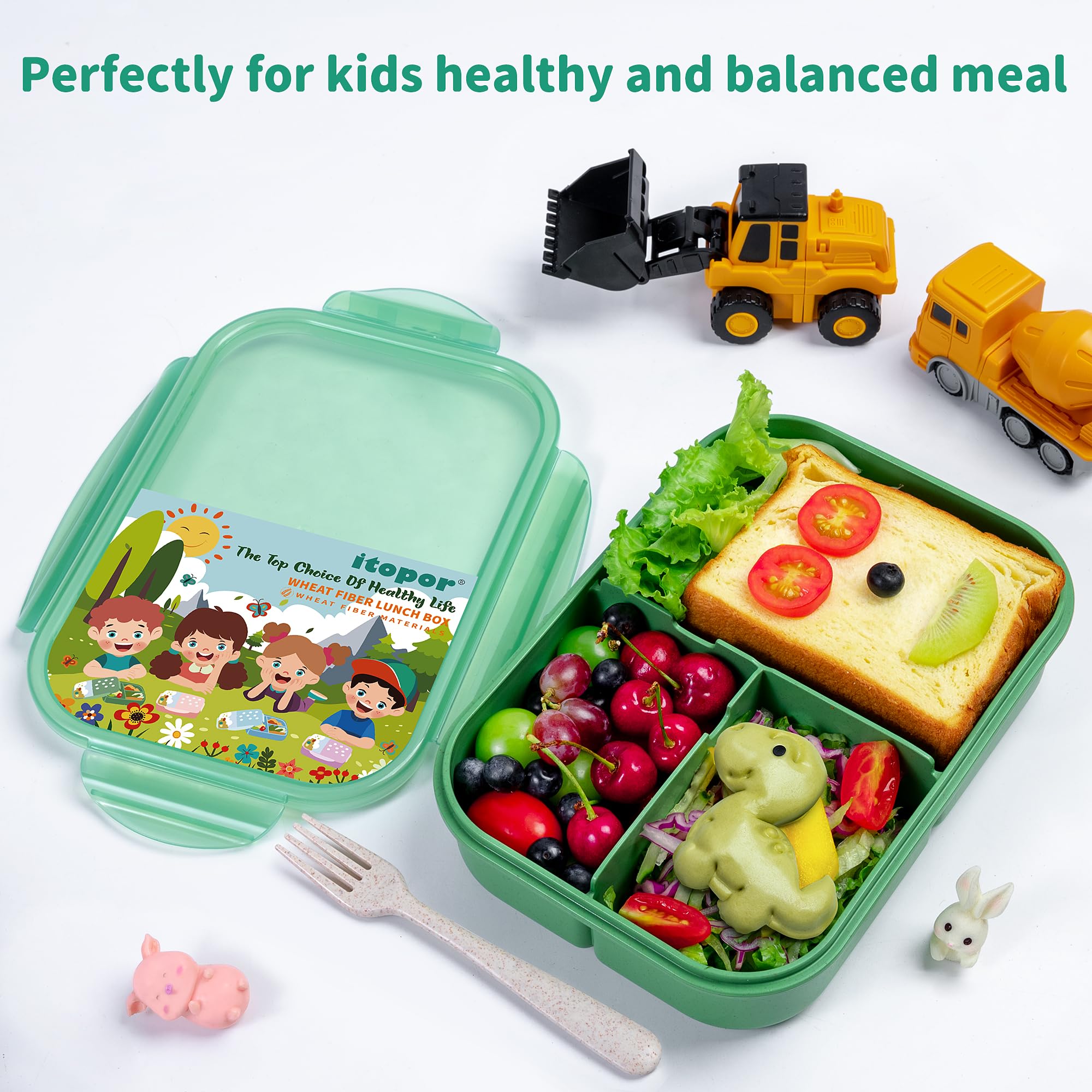 Itopor® Leak-Proof Bento Lunch Box for Kids & Adults - 1300ml Wheat Fiber Eco-Friendly Microwave & Dishwasher Safe Food Container with Utensils (Green) - Perfect for School, Office, Picnics & Meal Prep