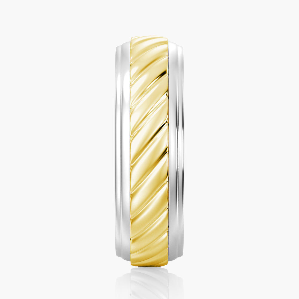 7mm Two Tone Carved Men's Wedding Band Ring - 14K White & Yellow Gold Comfort Fit Wedding Ring for Men, Perfect for Proposals, Anniversaries & Special Occasions