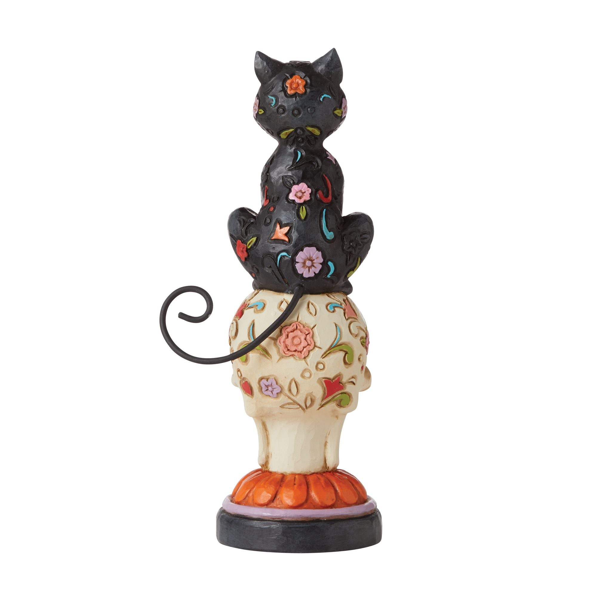 Day of the Dead Black Cat on Skull - Mexican Sugar Skull Decor for Halloween, Dia de los Muertos Altar & Gothic Home Decor
