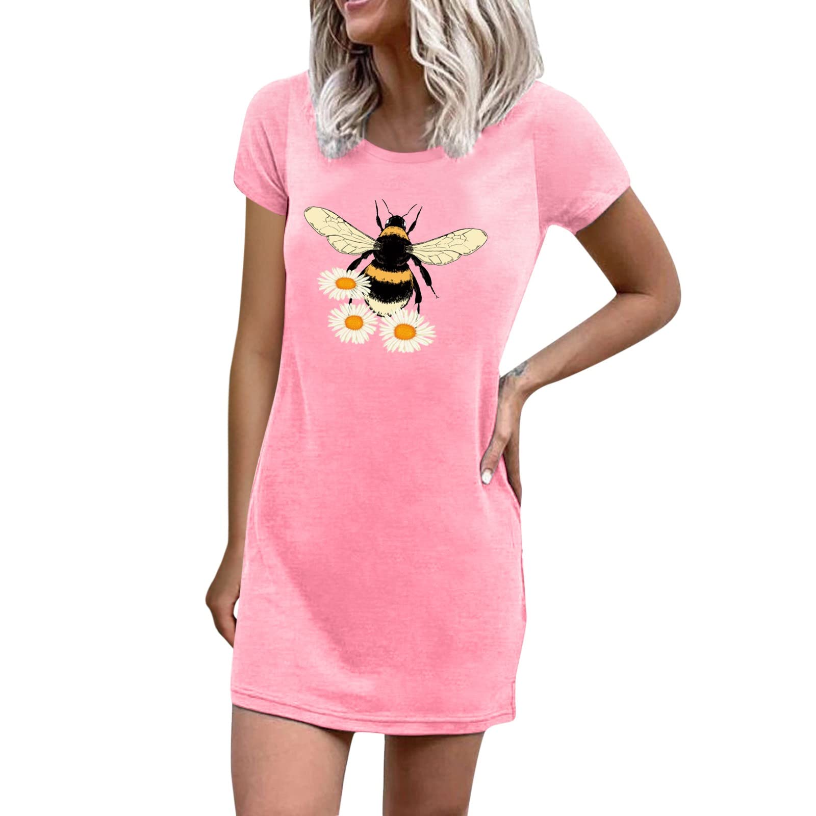 Zpervoba Women's Maxi Dress - Bee Printed Crew Neck T-Shirt Dress for Summer | Casual & Comfortable Dress for Everyday Wear, Beach Outings, and Weekend Getaways