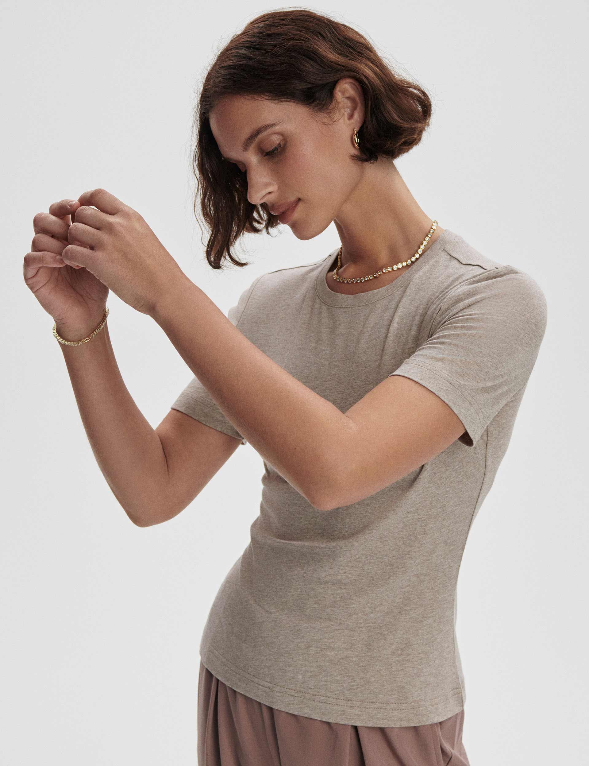 Regina Fitted Tee - Soft Taupe Marl Women's T-Shirt | Slim Fit Casual Top for Everyday Wear & Layering