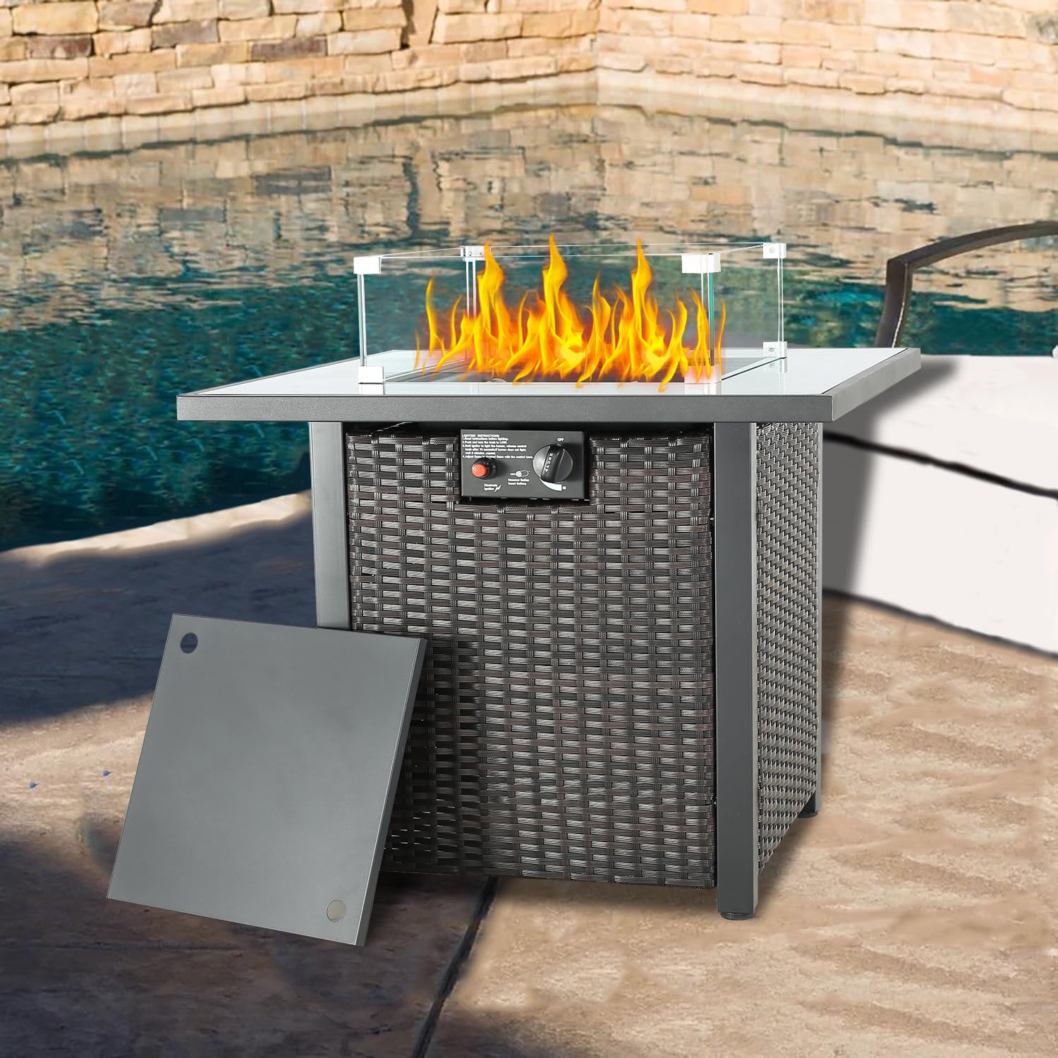 50,000 BTU Propane Fire Pit Table for Outdoor - Steel Fire Pit with Lid, Fire Glass & Hideaway Tank Holder - Perfect for Patio, Garden & Backyard Parties (Dark Brown)