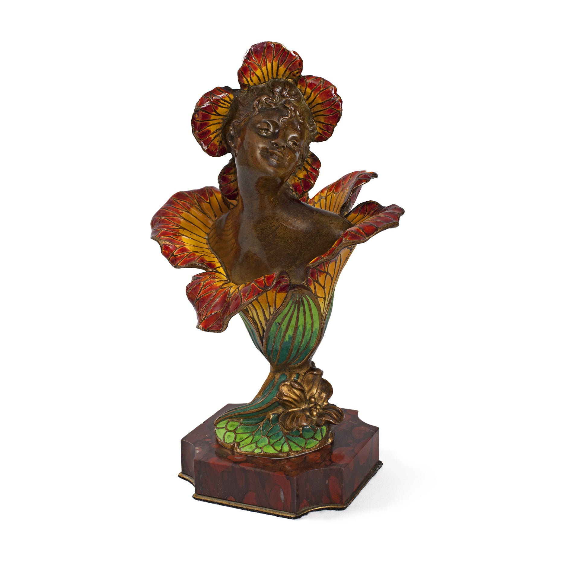 Henri Godet Enameled Bronze Femme Fleur Sculpture - Elegant French Art Deco Flower Woman Statue for Home Decor, Office & Garden