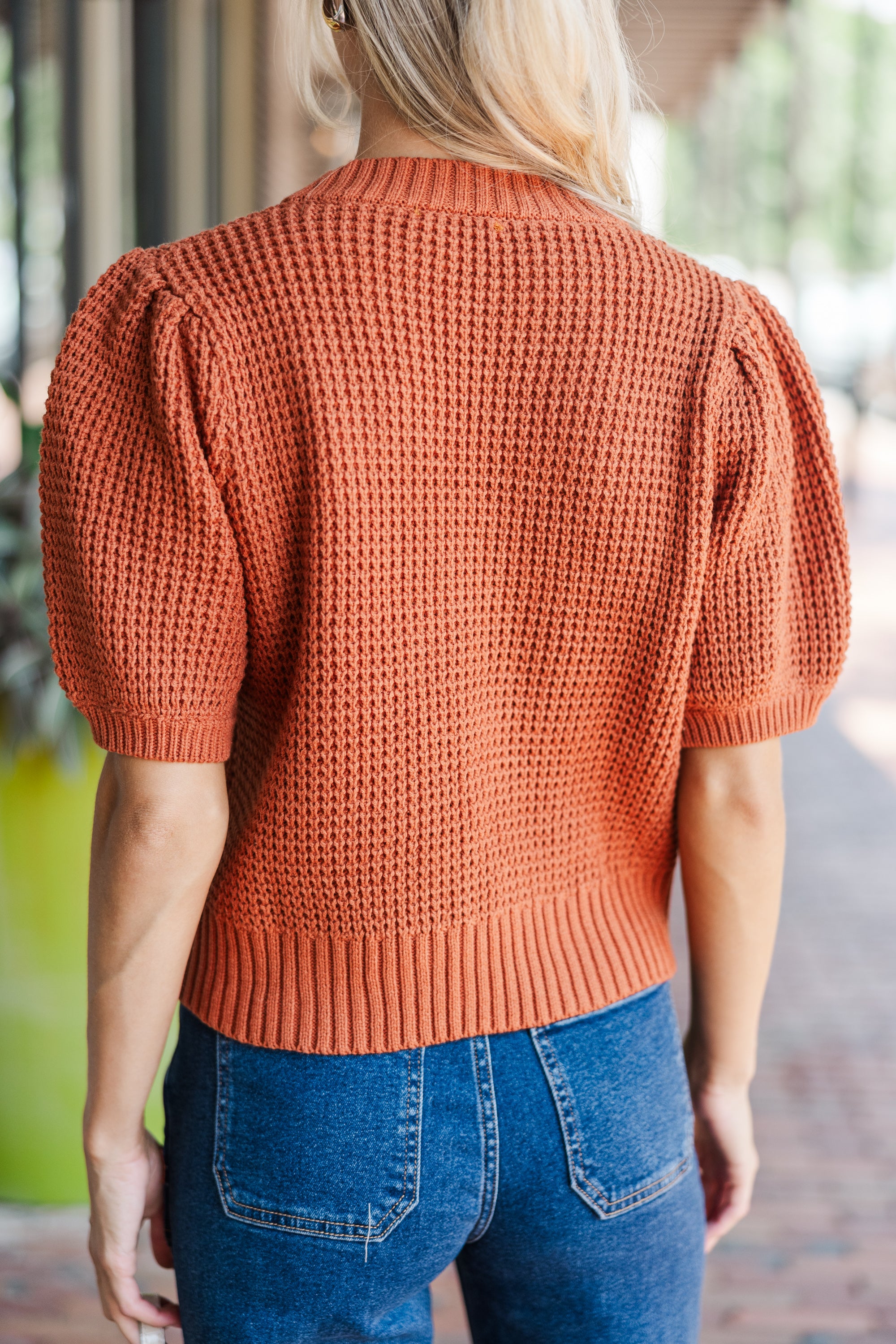 Best Rust Orange Short Sleeve Sweater for Women - Soft Cotton Knit Pullover Top for Casual Wear & Fall Outfits