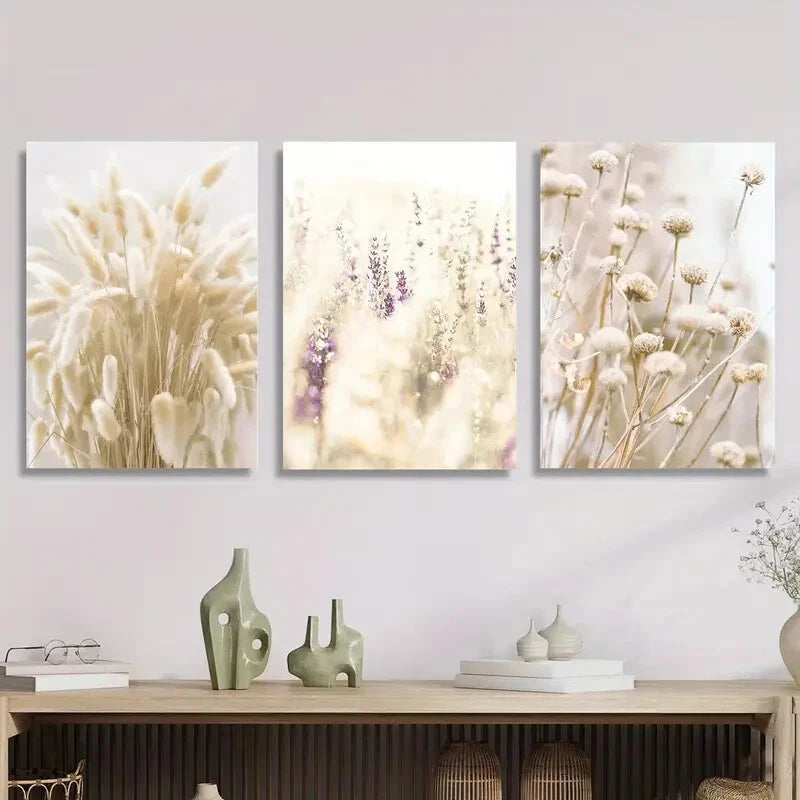 3-Piece Dogtail Grass & Flowers Metal Wall Art - Classic Modern Ready to Hang Prints for Living Room, Bedroom & Office Decor