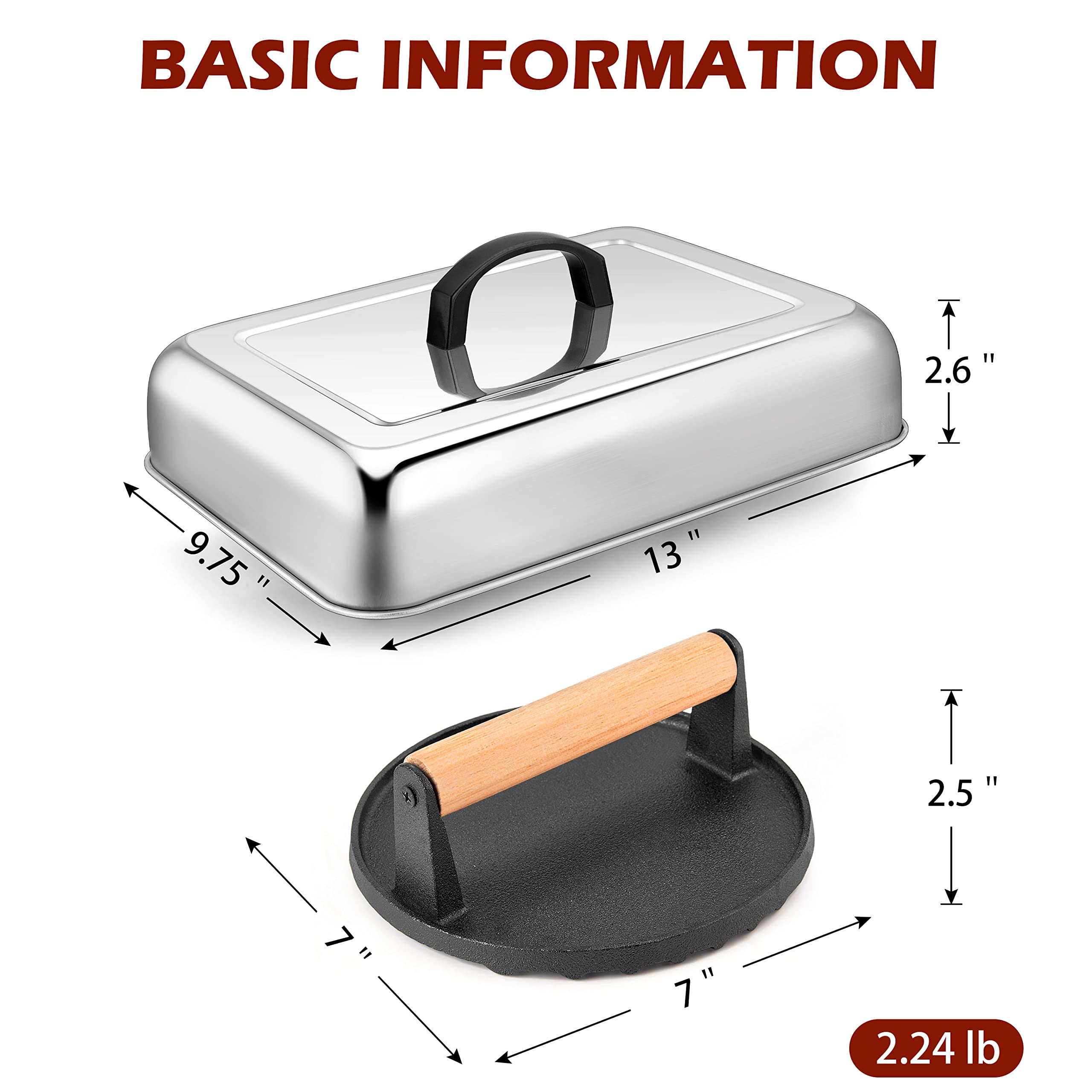 HaSteeL 13 x 9.75 Inch Melting Dome & 7 Inch Burger Press Set - Rectangular Basting Steam Cover with Bacon Press - Heavy Duty Metal Griddle Accessories for Flat Top Grill, Teppanyaki, Hibachi, BBQ - Perfect for Burgers, Melting Cheese & Cooking Bacon - Easy to Clean & Durable