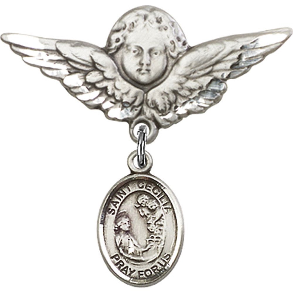 St. Cecilia Sterling Silver Baby Badge with Angel Wing Charm - 1 1/8 X 1 1/8 Inch Religious Pin - Perfect for Christening, Baptism & First Communion Gifts