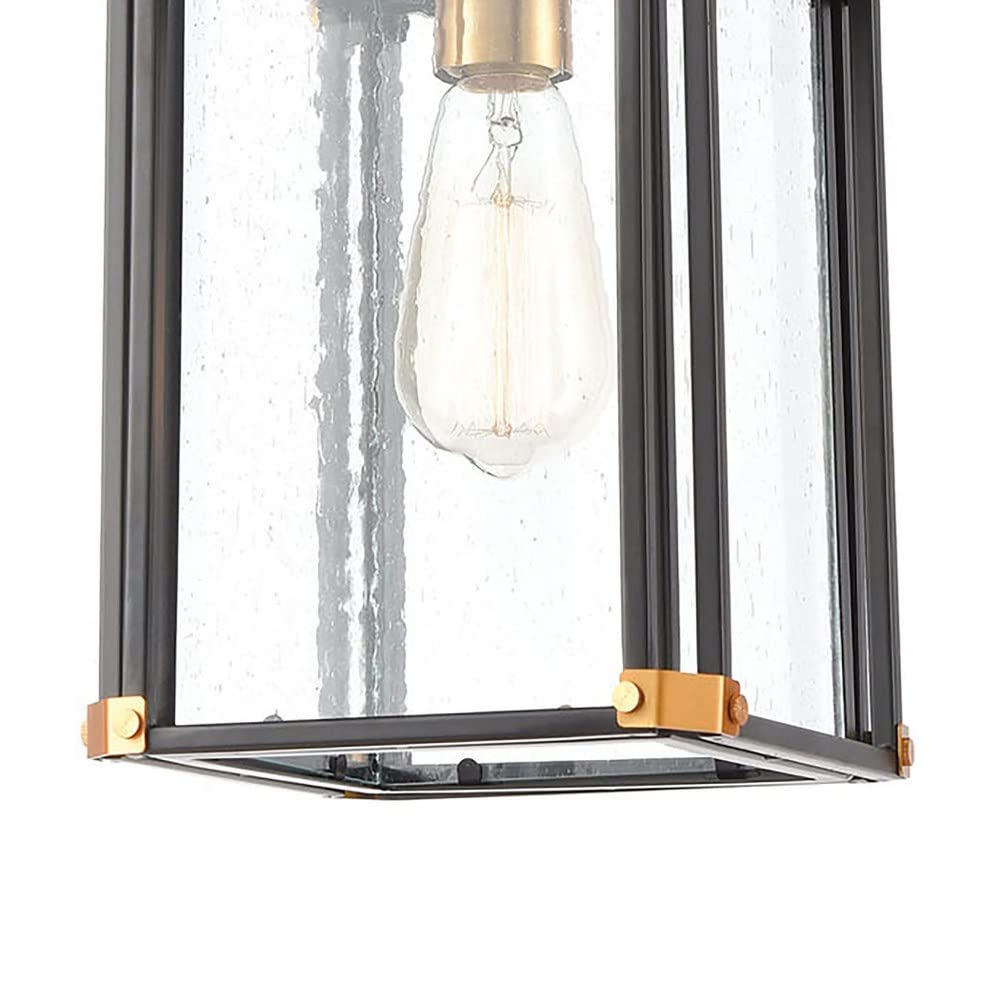 Rectangular One Light Outdoor Hanging Lantern Ceiling Light with Brass Accents - Exposed Bulb Pendant Light in Matte Black/Brushed Brass Finish for Porch, Patio & Garden Decor