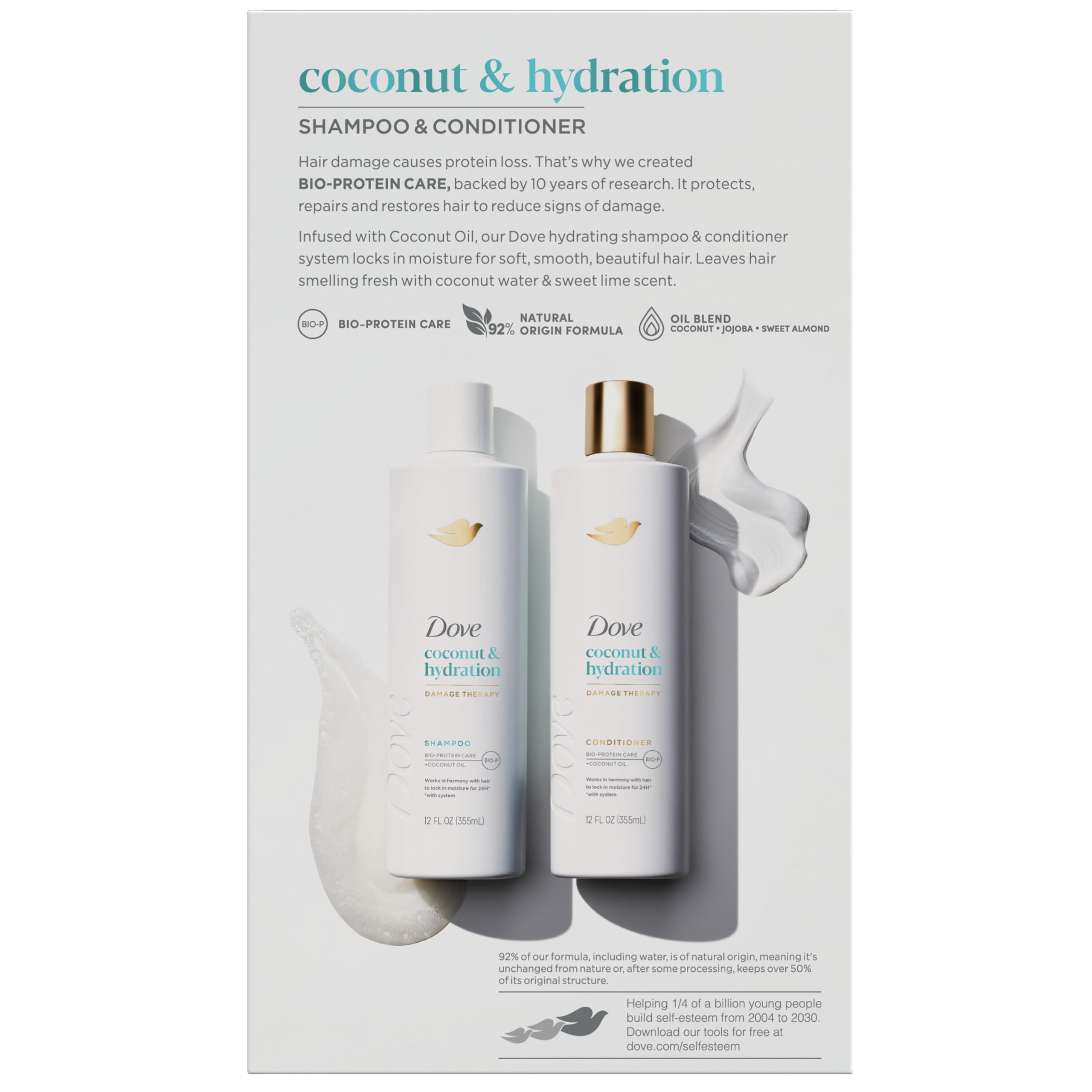 Dove Coconut & Hydration Shampoo and Conditioner Set (2 x 12 Fl Oz) - Bio-Protein Care Technology with Coconut Oil for Dry Hair Repair | Daily Hair Care for Women & Men | Perfect for Home, Travel & Gym Use