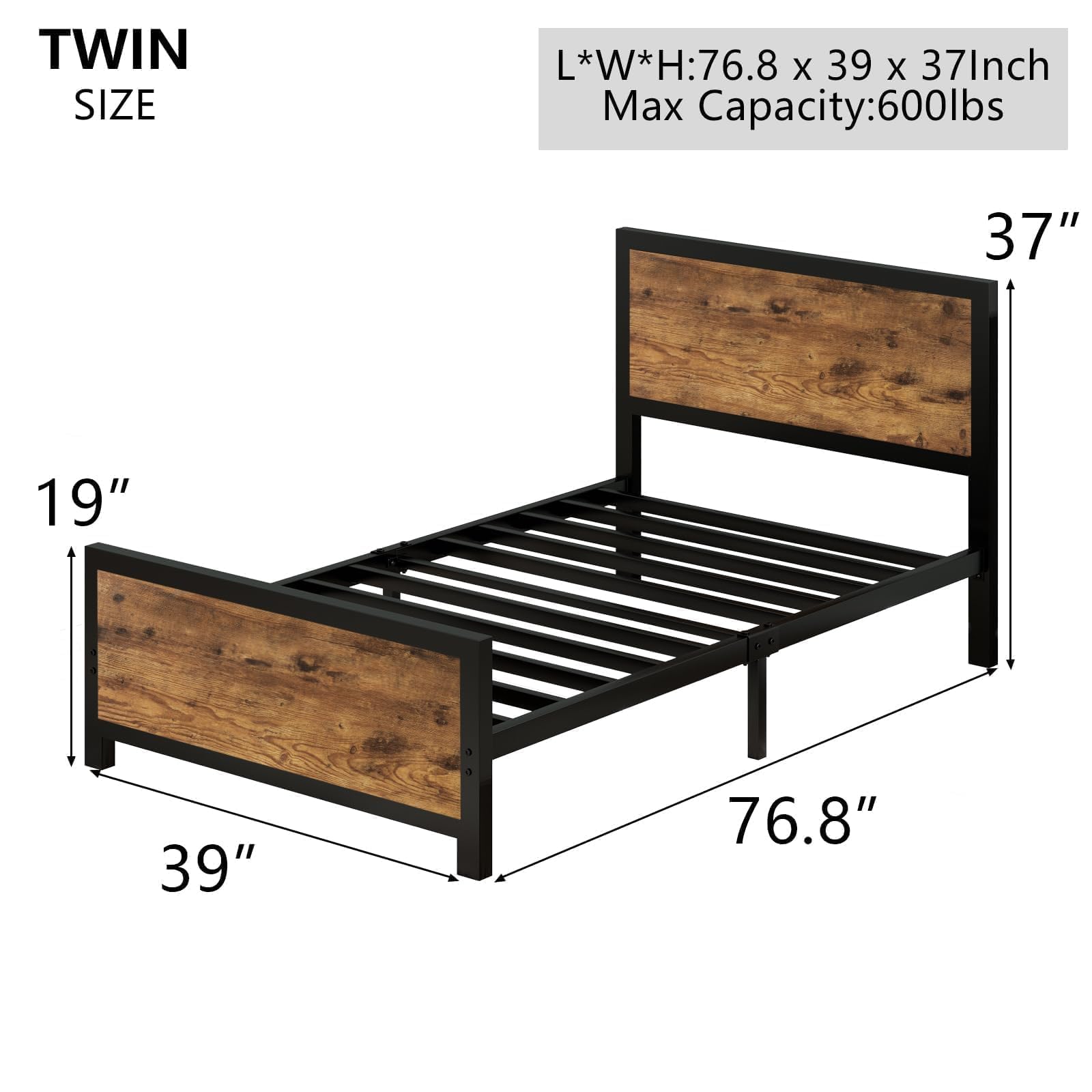 **Twin Size Bed Frame with Wood Headboard & Footboard - Heavy Duty Metal Frame, Noise-Free, No Box Spring Needed - Easy Assembly for Kids, Teens & Guest Rooms**