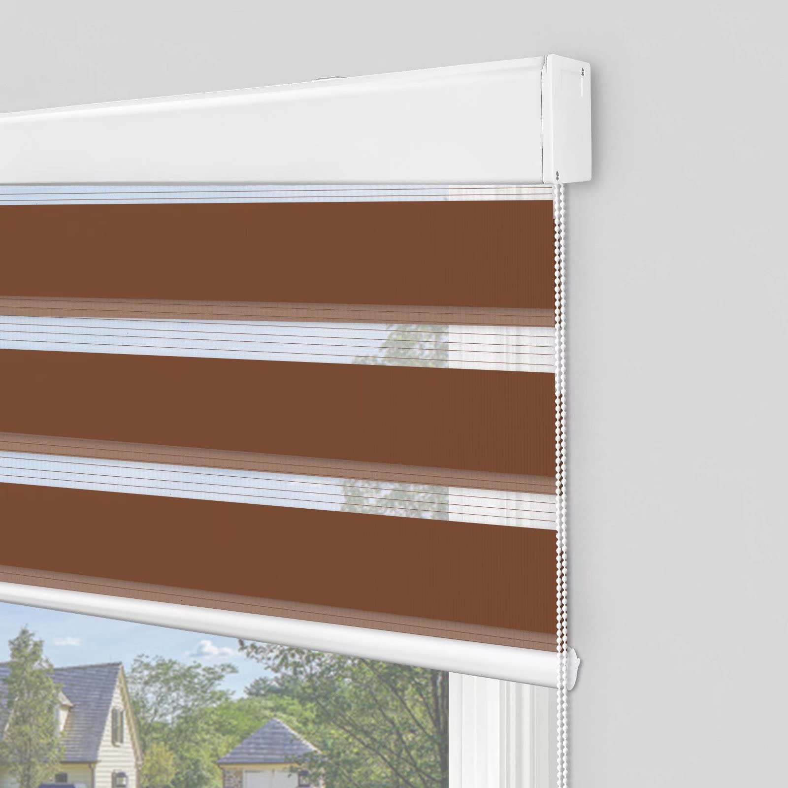 Custom Cut Keego Zebra Blinds for Windows - Light Filtering Dual Layer Roller Shades, Corded Window Treatments for Home & Office (Brown, 69