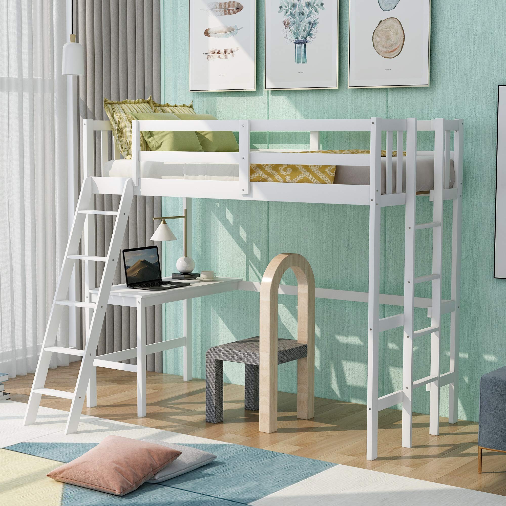 Solid Wood Twin Loft Bed with Desk & 2 Ladders - Space Saving Kids/Teens/Adults Loft Bed Frame - No Box Spring Needed (White) - Perfect for Small Bedrooms, Dorms & Studio Apartments