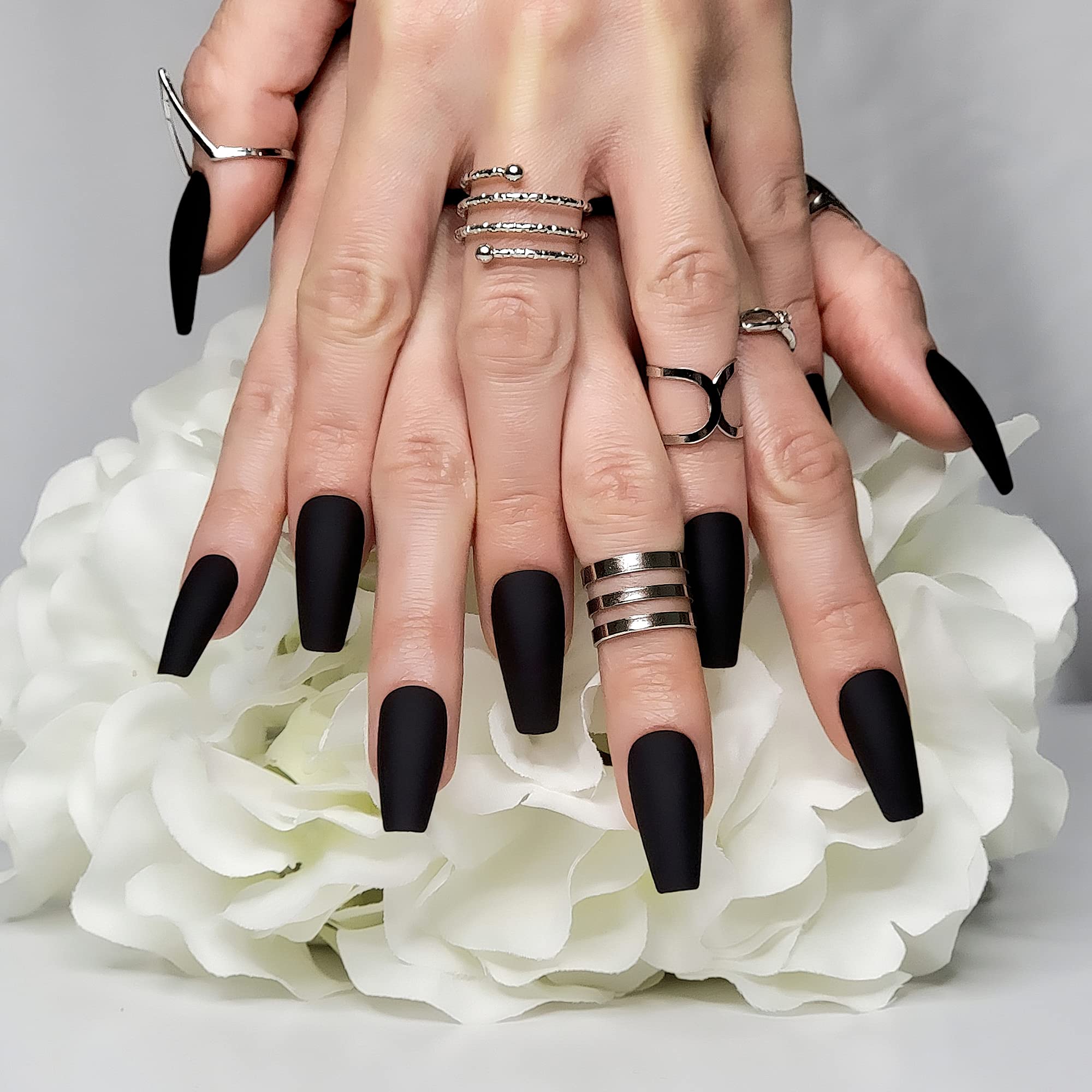 Hypnaughty 24 Pcs Black Matte Press on Nails - Medium Long Coffin False Nails with Glue, Luxury Solid Black Color (Noir) | Perfect for Parties, Weddings, and Special Occasions