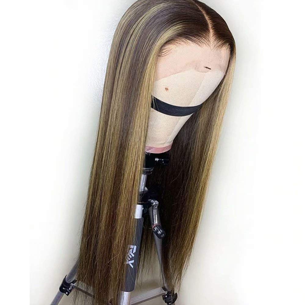 150 Density #4/27 Ombre Highlight Lace Front Human Hair Wig - 13x6 Deep Part Straight Brazilian Remy Hair with Baby Hair for Black Women - 22 Inch Natural Looking Wig for Daily Wear, Parties & Special Occasions