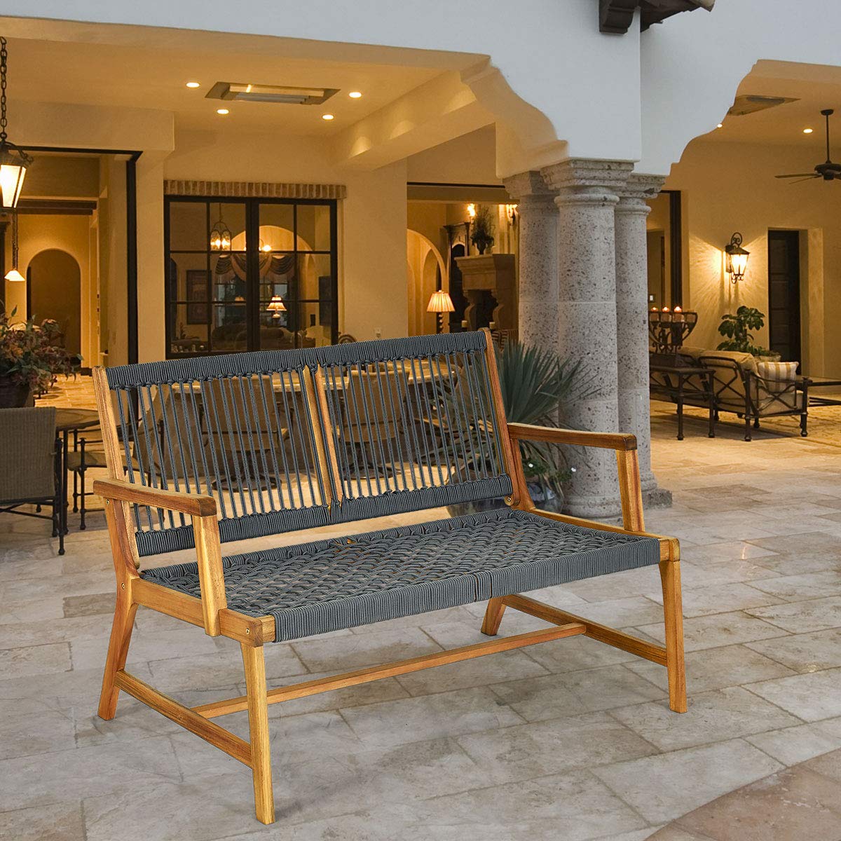 Tangkula 2-Person Acacia Wood Outdoor Bench Loveseat with Rope Design & Teak Oil Finish - Patio, Balcony, Deck, Poolside & Porch Seating (Grey) - Perfect for Garden Relaxation & Backyard Lounging