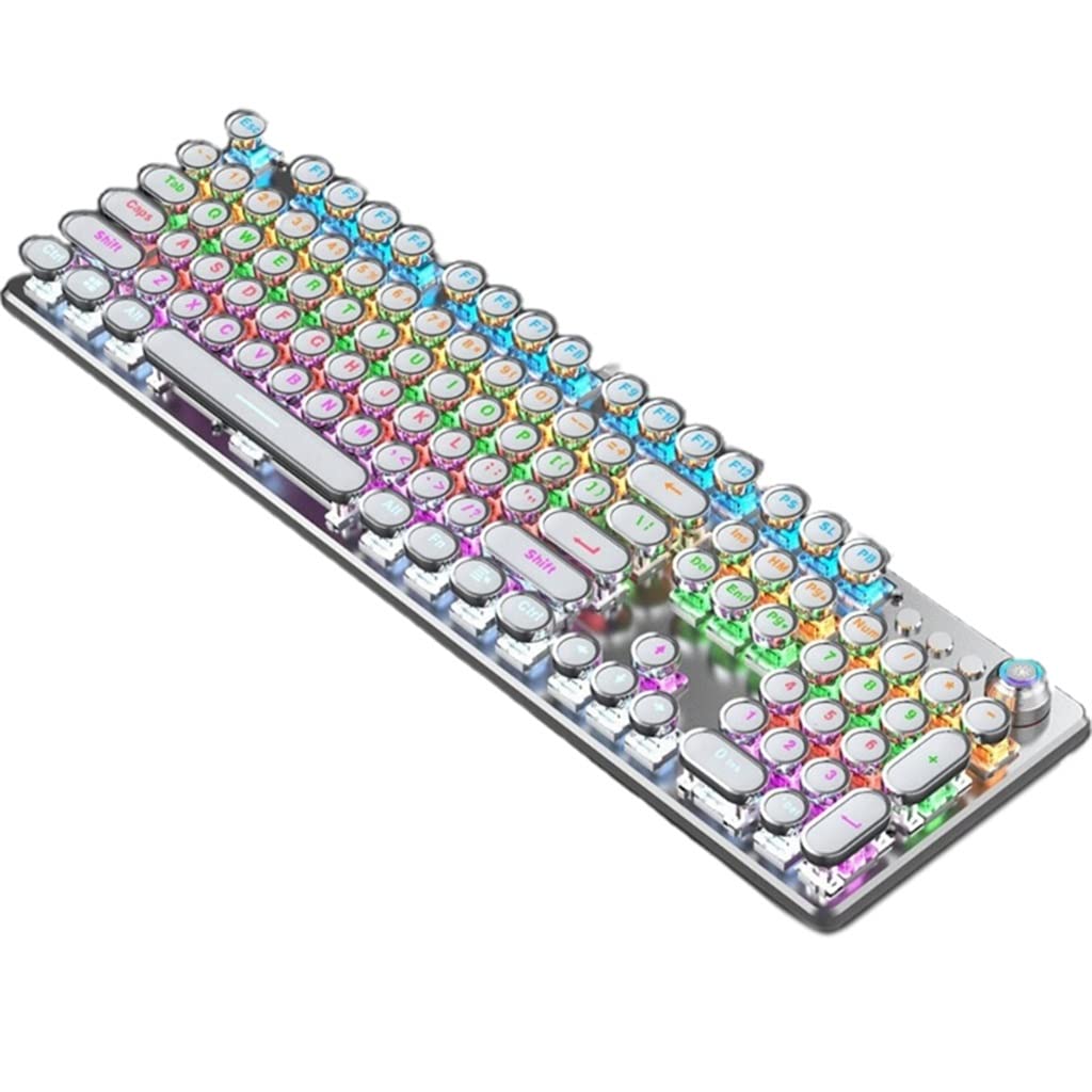 LEEC Mechanical Gaming Keyboard with Blue Switches - USB Wireless Retro Typewriter Style Keyboard with Round Keycaps (White) - Perfect for PC Gaming, Office Work & Typing Enthusiasts