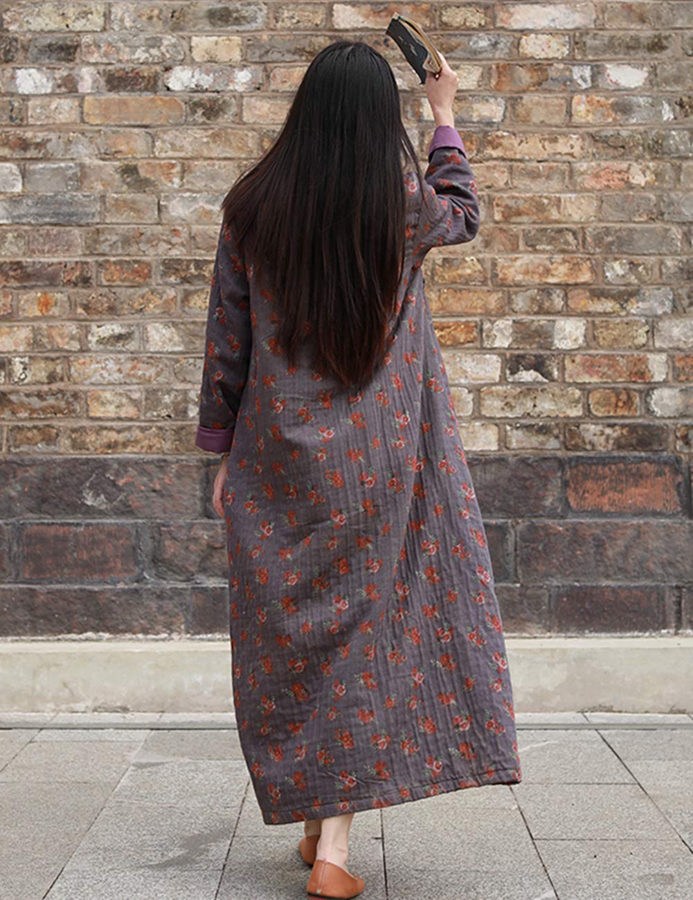 Women's Floral Print Cheongsam Dress - Elegant Chinese Style Long Cotton Dress for Spring & Autumn - Double-Layer Casual Wear for Parties, Weddings & Special Occasions