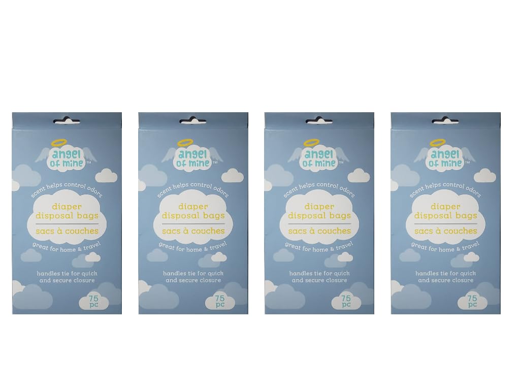 Angel of Mine Scented Diaper Disposal Bags - 75 Count Per Box (4 Boxes Total) | Odor Neutralizing Trash Bags for Baby Diapers | Perfect for Nursery, Diaper Pails & Travel Use