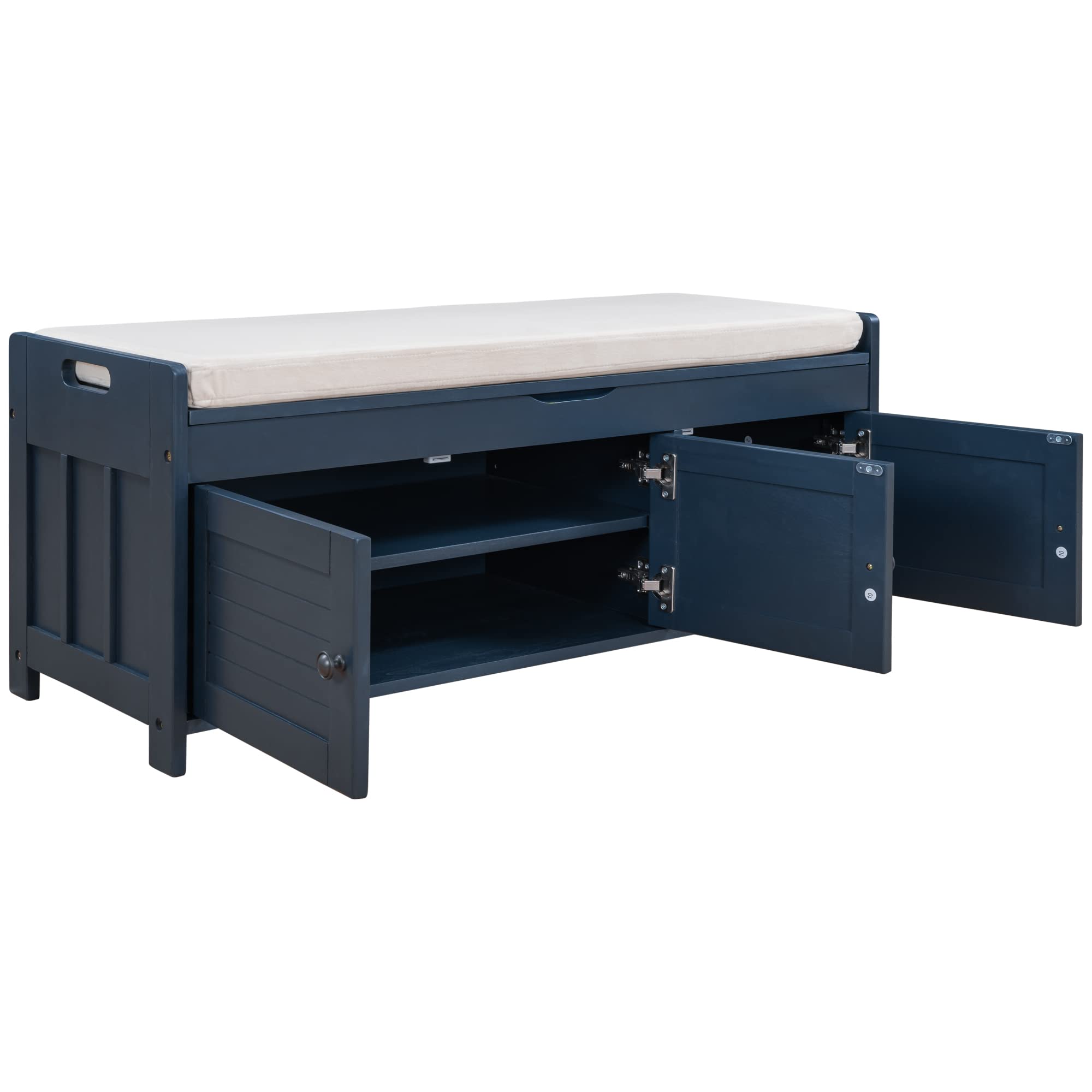 SOFTSEA Shoe Storage Bench with Shutter Doors - Entryway Organizer Bench with Removable Cushion & Hidden Storage Compartment - Perfect for Hallway, Mudroom & Small Space Organization (Antique Navy, Assembly Required)