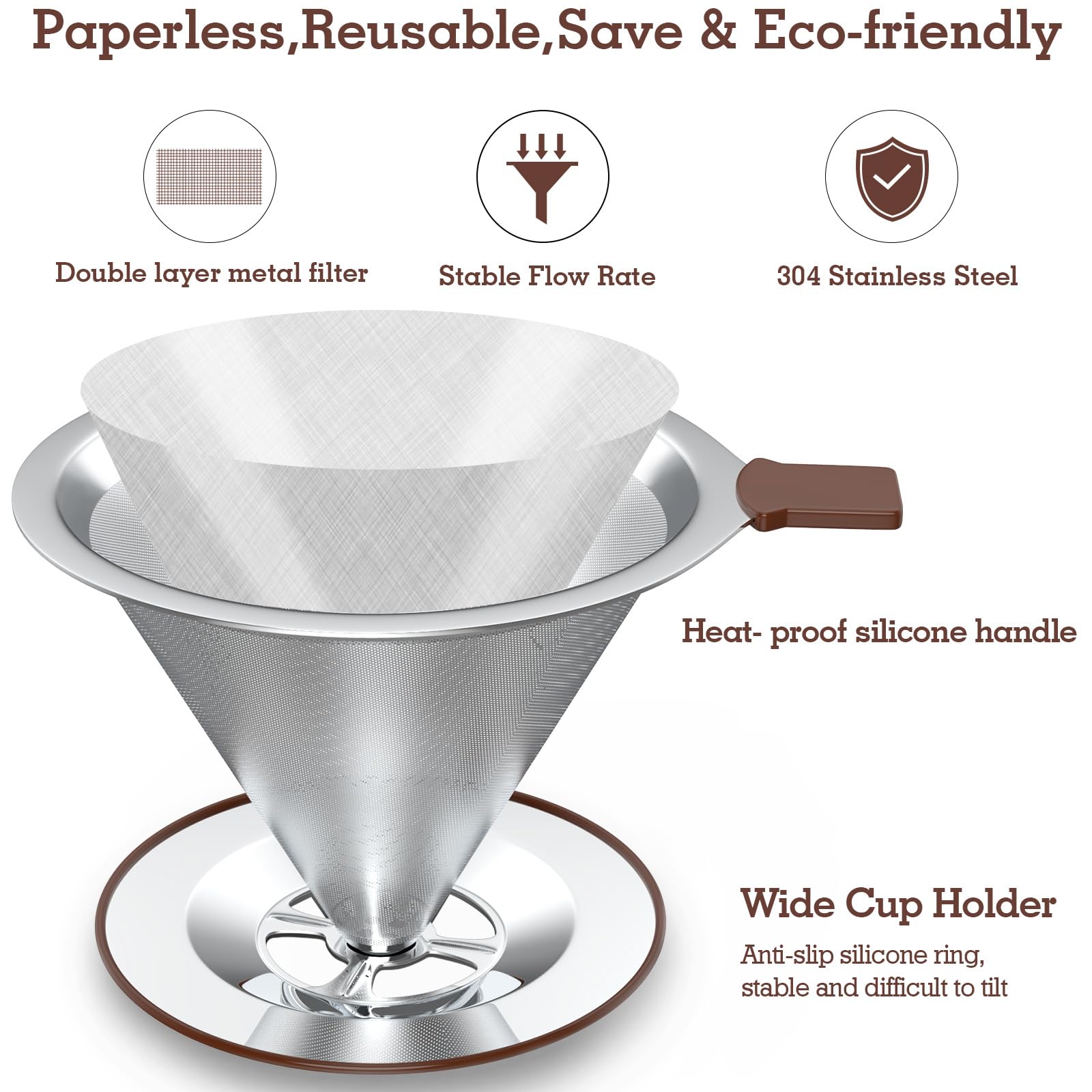 Stainless Steel Pour Over Coffee Maker with Reusable Filter - Drip Cone Brewer for 3-4 Cups, Non-Slip Handle & Rubber Ring - Perfect for Home, Office & Camping Coffee Brewing