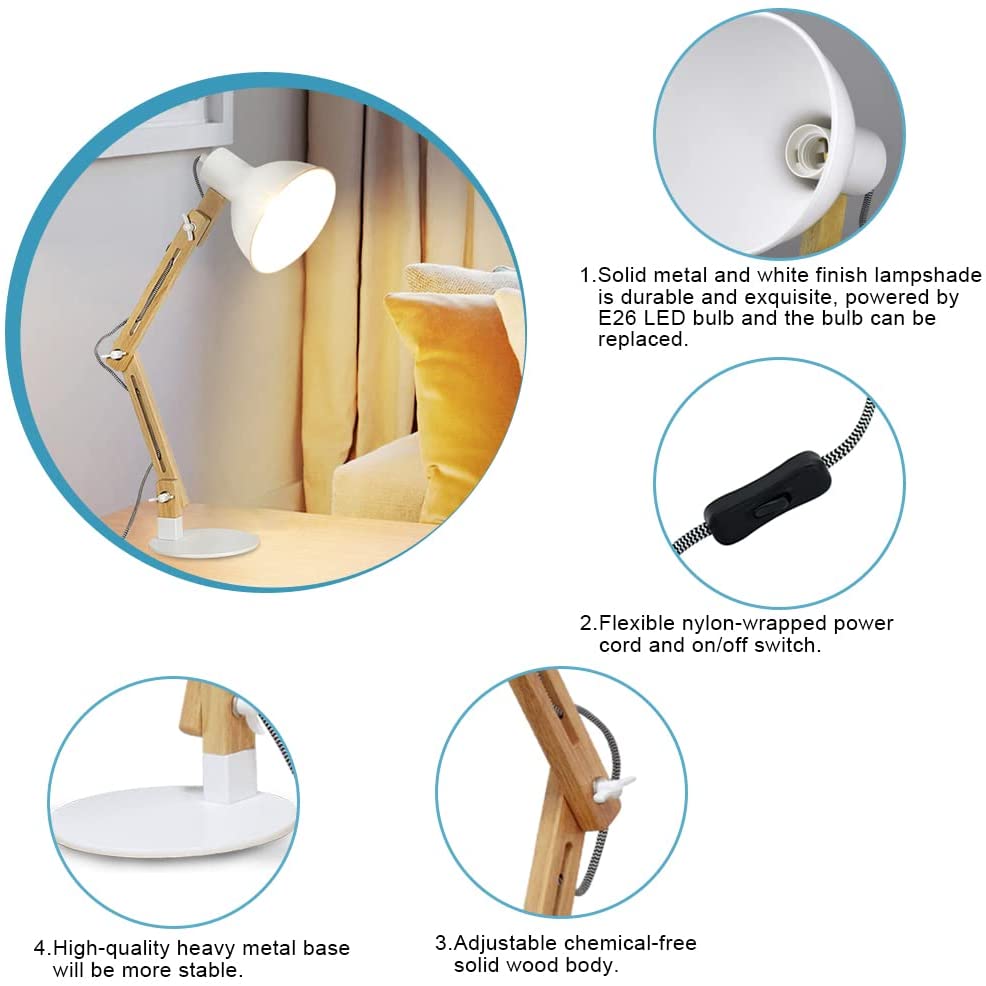 Depuley Swing Arm Desk Lamp - Adjustable Wood Gooseneck Table Light with White Metal Shade (Bulb Included) | Modern Architect Design for Home Office, Study, Bedroom & College Dorm | Perfect Reading Light for Work & Nighttime Use