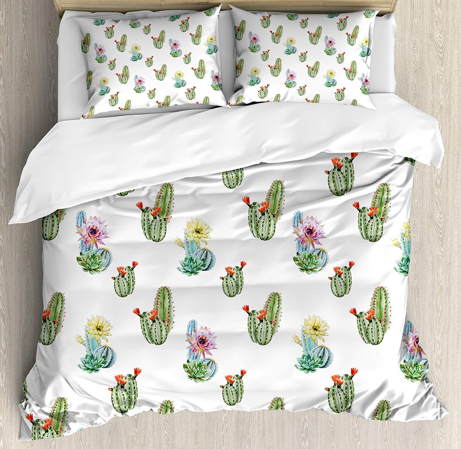 3 Piece Queen Size Cactus Decor Bedding Set - Vintage Thorny Hawaiian Nature Succulent Duvet Cover with 2 Pillow Shams | Perfect for Boho Bedroom, Guest Room & Desert Themed Home Decor