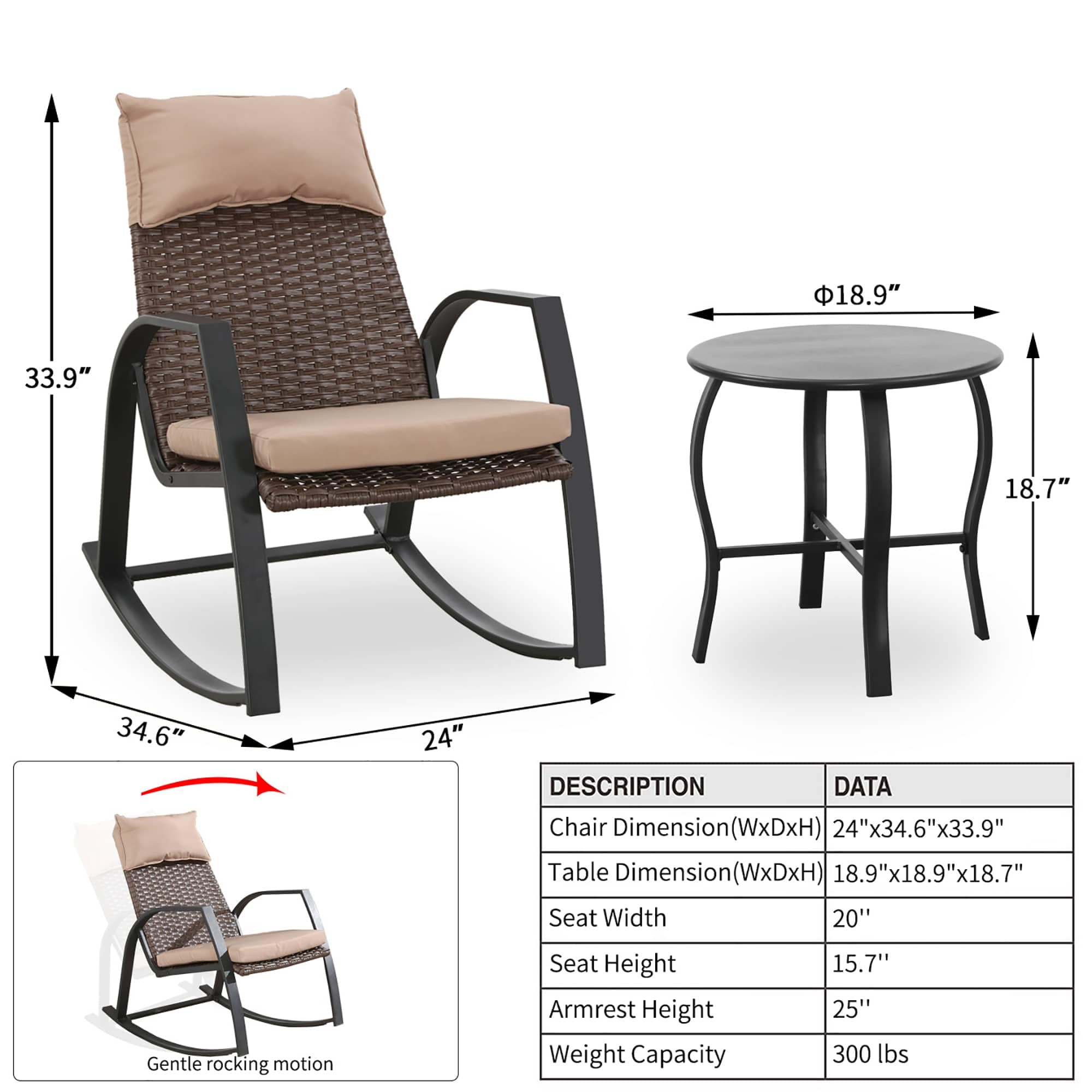 PatioFestival 3-Piece Outdoor Bistro Set with Cushioned Metal Rocking Chairs & Side Table - All-Weather Khaki Patio Furniture for Garden, Deck, or Backyard Relaxation