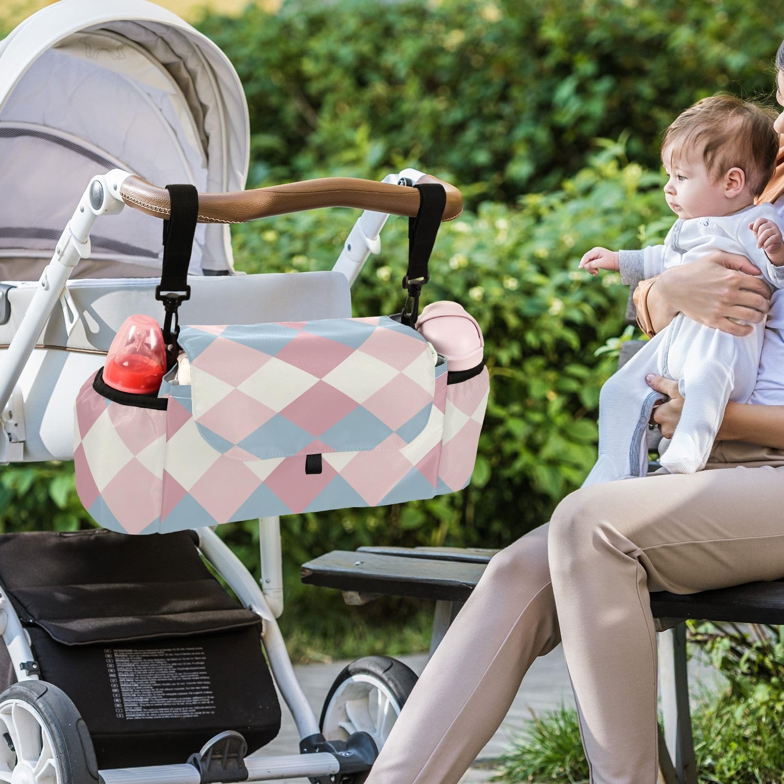 Amooorous Powder Blue Stroller Organizer with Cup Holder - Non-Slip Square Design, Adjustable Straps for Baby Strollers & Car Seats - Perfect for Diapers, Bottles, and Essentials On-The-Go