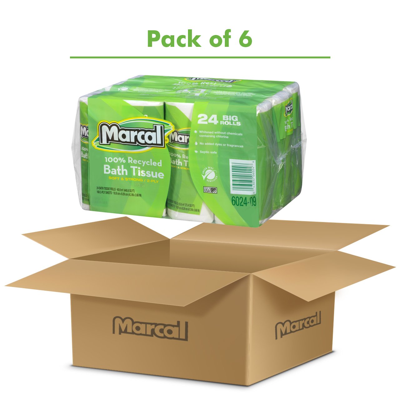 Marcal 100% Recycled 2-Ply White Toilet Paper - 168 Sheets Per Roll, 4 Rolls/Pack, 6 Packs/Case (24 Giant Rolls) | Green Seal Certified | Eco-Friendly Bath Tissue for Home, Office & RV Use
