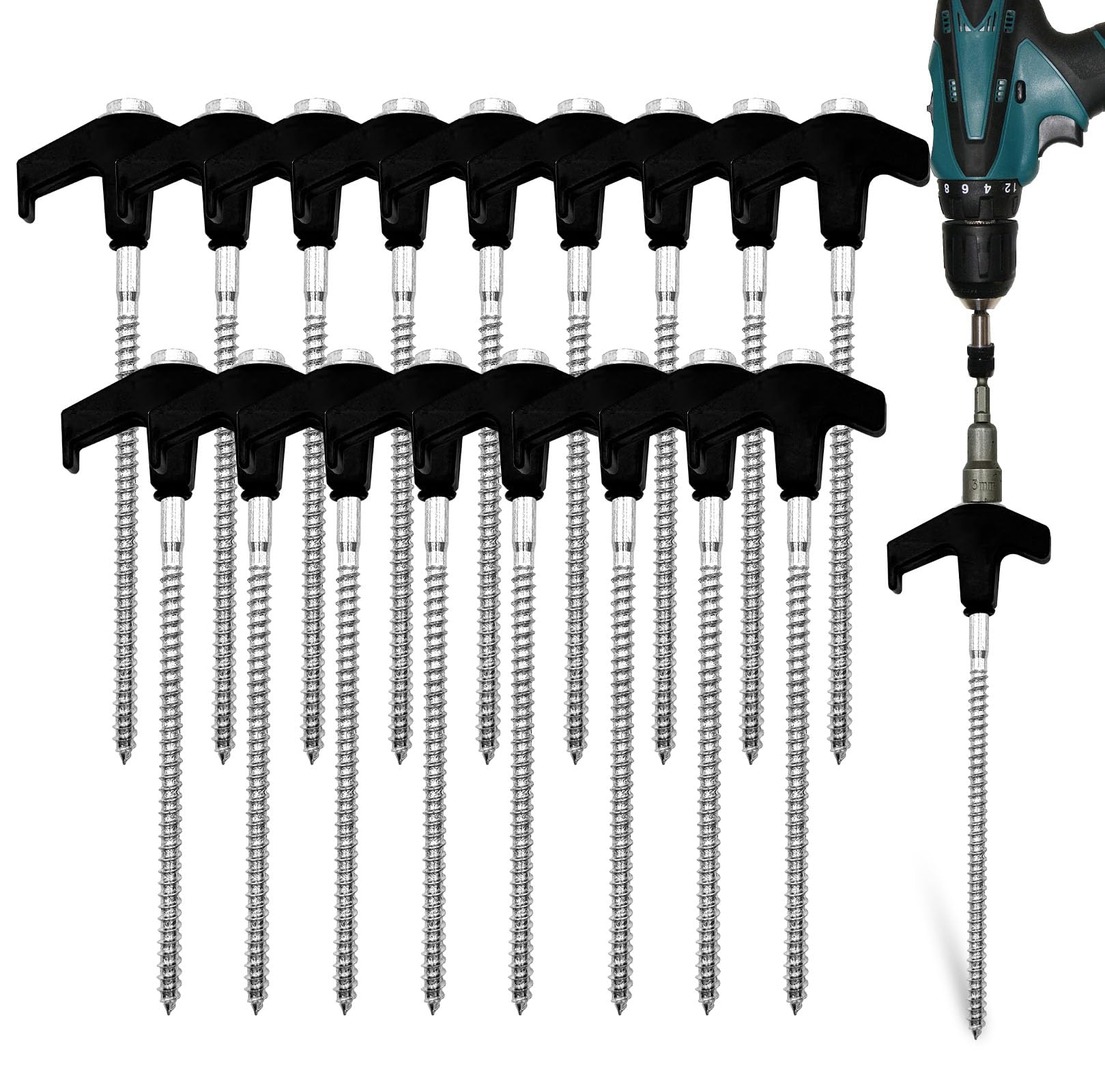 20 Pack 8 Inch Heavy Duty Screw-in Tent Stakes - Hex Head Drillable Camping Pegs for Canopies, Patio, Garden & Outdoor Use - Perfect for Camping, Backpacking, Picnics & Beach Tents (Black)