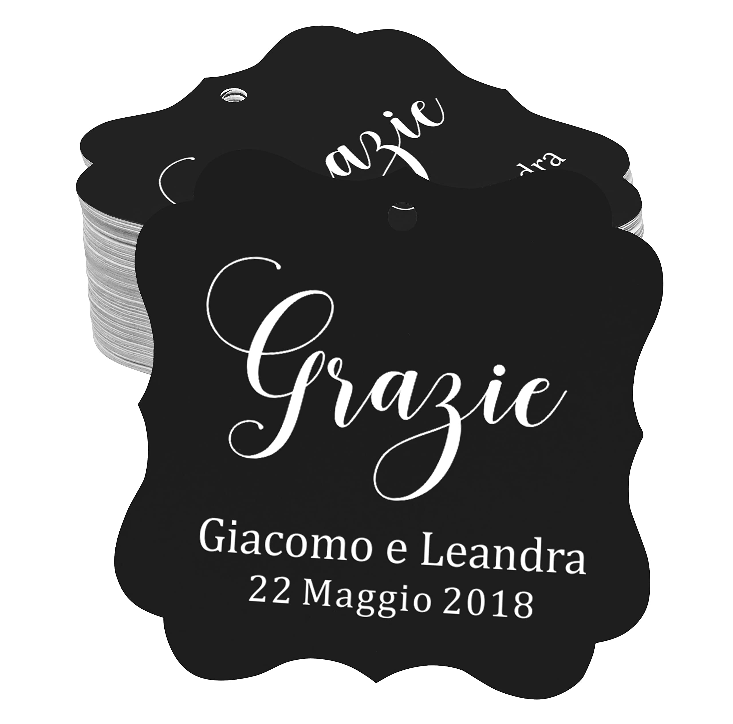 Custom Wedding Favor Tags - Grazie Thank You Gift Hang Tags (Black, 50 Pack) - Perfect for Bridal Shower, Reception Favors & Anniversary Gifts
