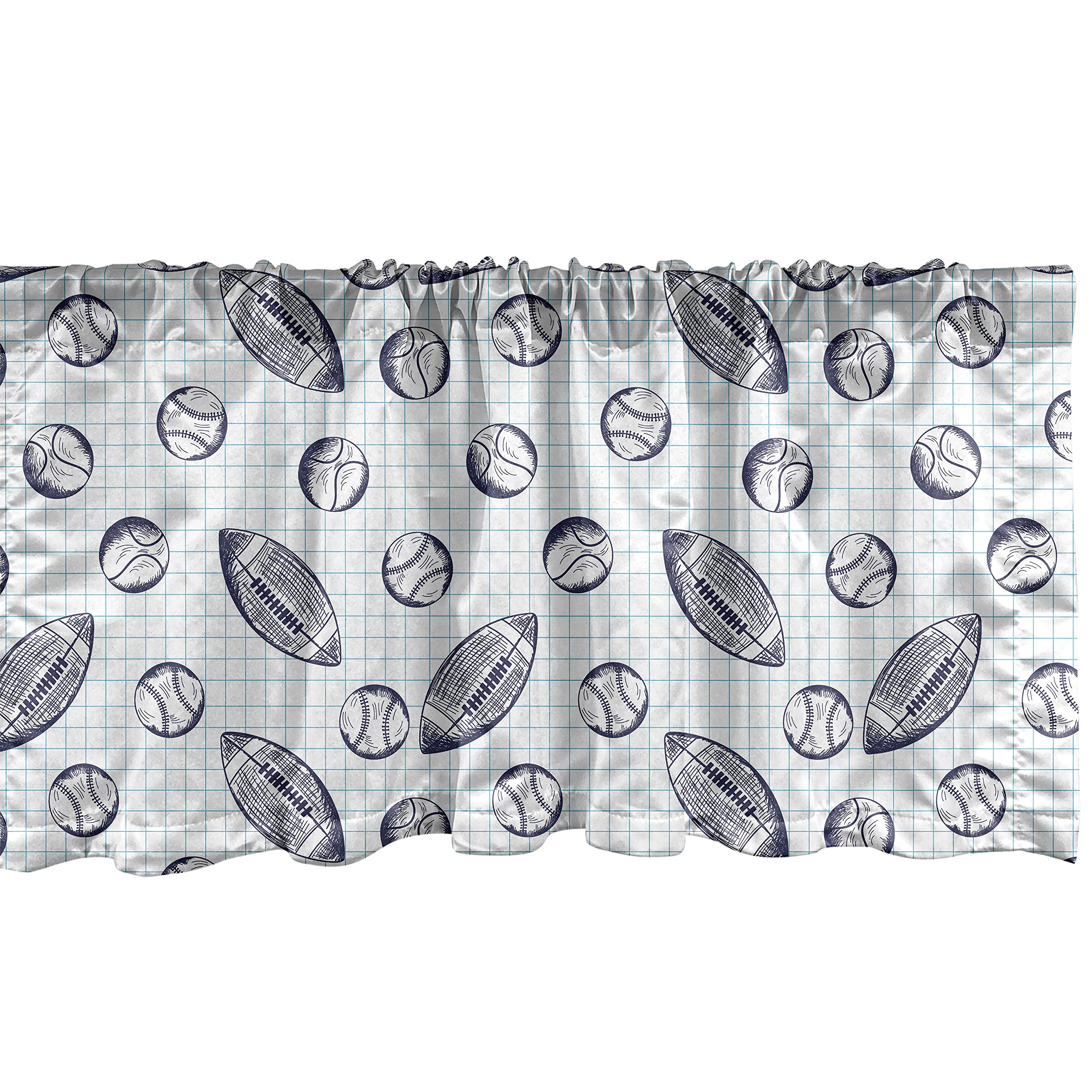 Ambesonne Baseball Window Valance - Pigskin & Baseballs Checkered Design Kitchen & Bedroom Curtain Valance with Rod Pocket, 54x12 Inches, Indigo Blue - Perfect for Sports Themed Rooms, Game Day Decor & Baseball Fan Gifts
