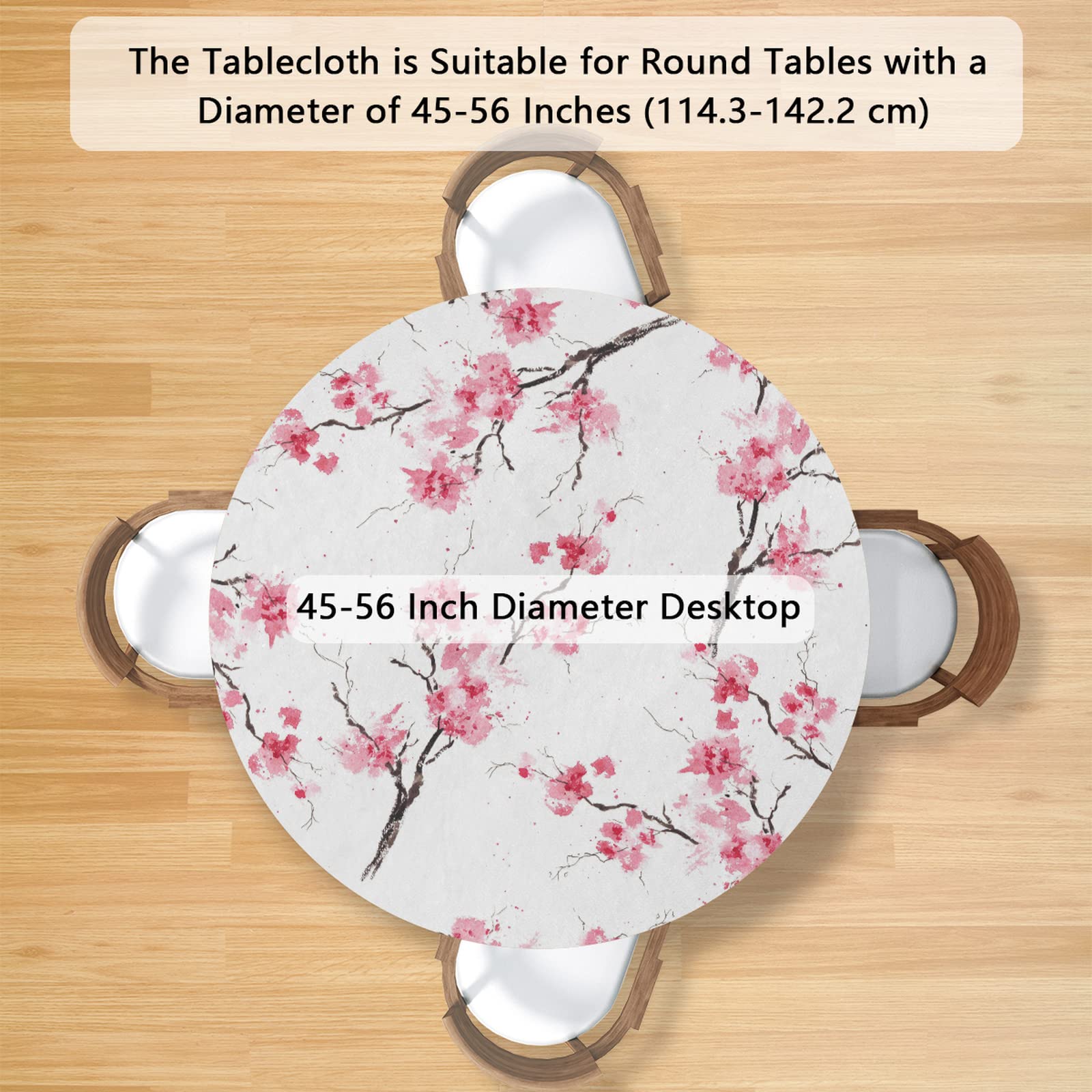 Japanese Cherry Blossom Elastic Edge Round Tablecloth - Floral Painting Wipeable Fitted Table Cover (45