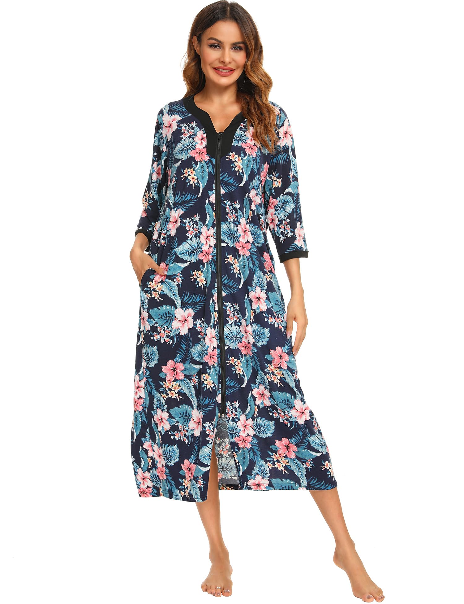 Bloggerlove Women's Zip Up Cotton Robe - Long House Coat with Half Sleeves, Comfy Sleepwear & Nightgown for Lounging, Sleeping & Relaxing at Home