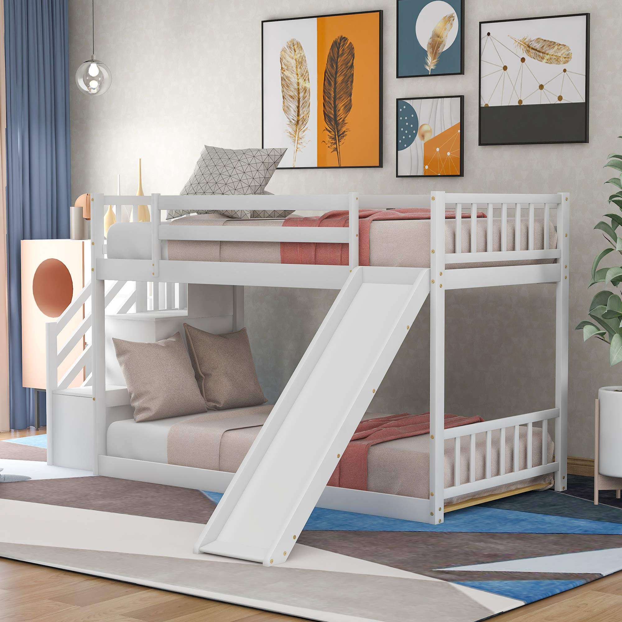 Solid Wood Twin Over Twin Low Bunk Bed with Full-Length Guardrails & Slide Stairway - Space-Saving Kids/Teens Bunk Bed Frame with Storage Shelves & Handrail, No Box Spring Needed (White) - Perfect for Small Bedrooms, Shared Kids Rooms & Vacation Homes