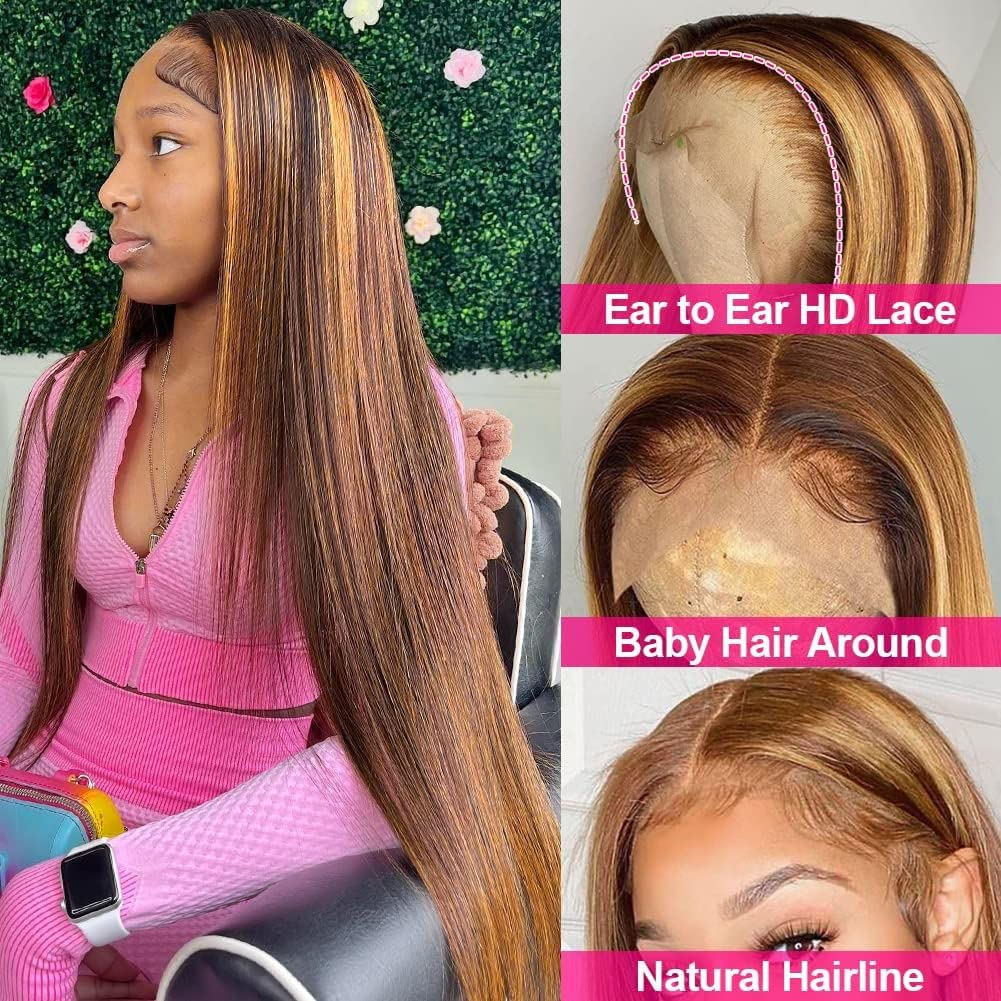 Flady Ombre Highlight Lace Front Human Hair Wigs - Glueless Straight HD Transparent Lace Frontal Wig with Pre-Plucked Baby Hair | 150 Density Honey Blonde | Perfect for Daily Wear, Cosplay & Special Occasions