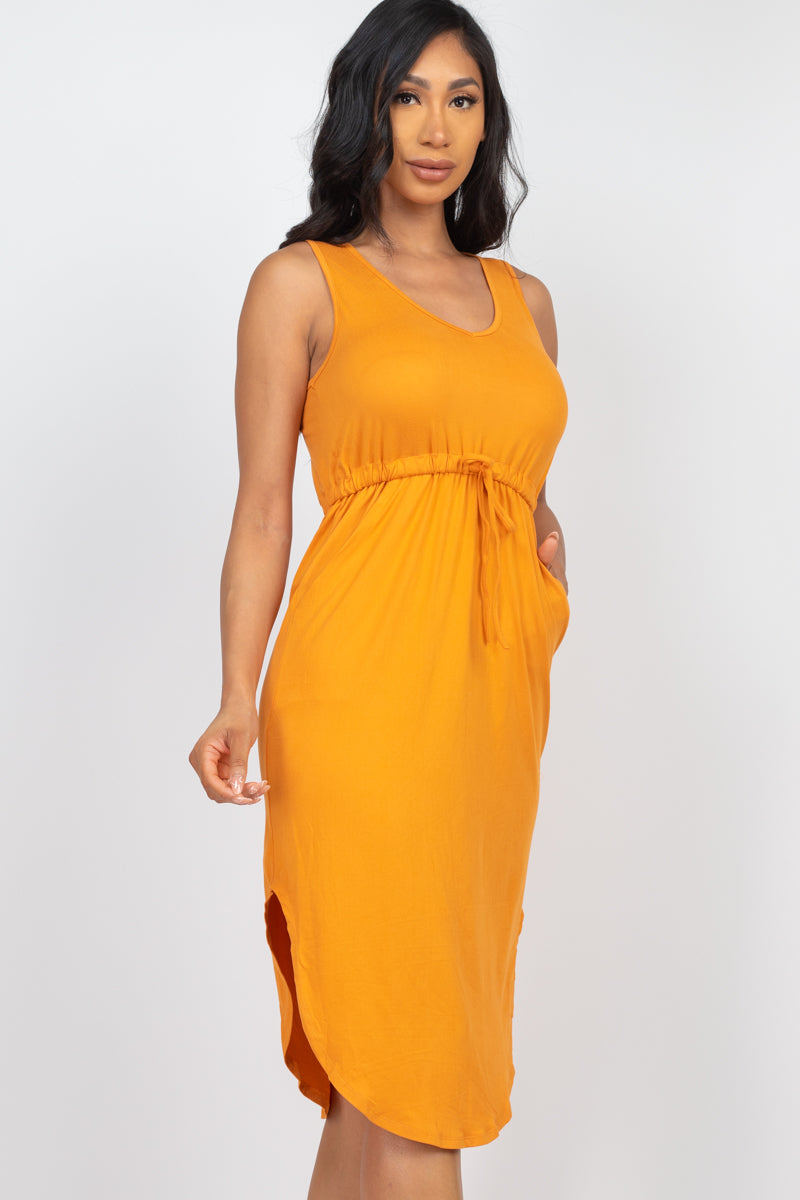 Stylish Drawstring Sleeveless Midi Dress for Women - Summer Casual Beach Wear & Vacation Outfit