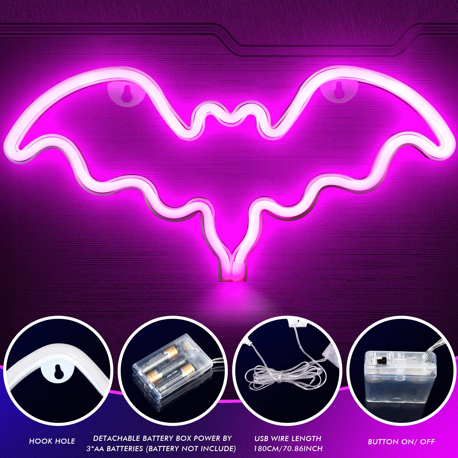 Halloween Neon Sign - LED Bat Wall Decor with Battery/USB Power for Halloween Party, Kids Gift, Living Room, Bedroom, Birthday, Wedding & Bar - Spooky Glow for Home & Event Decorations