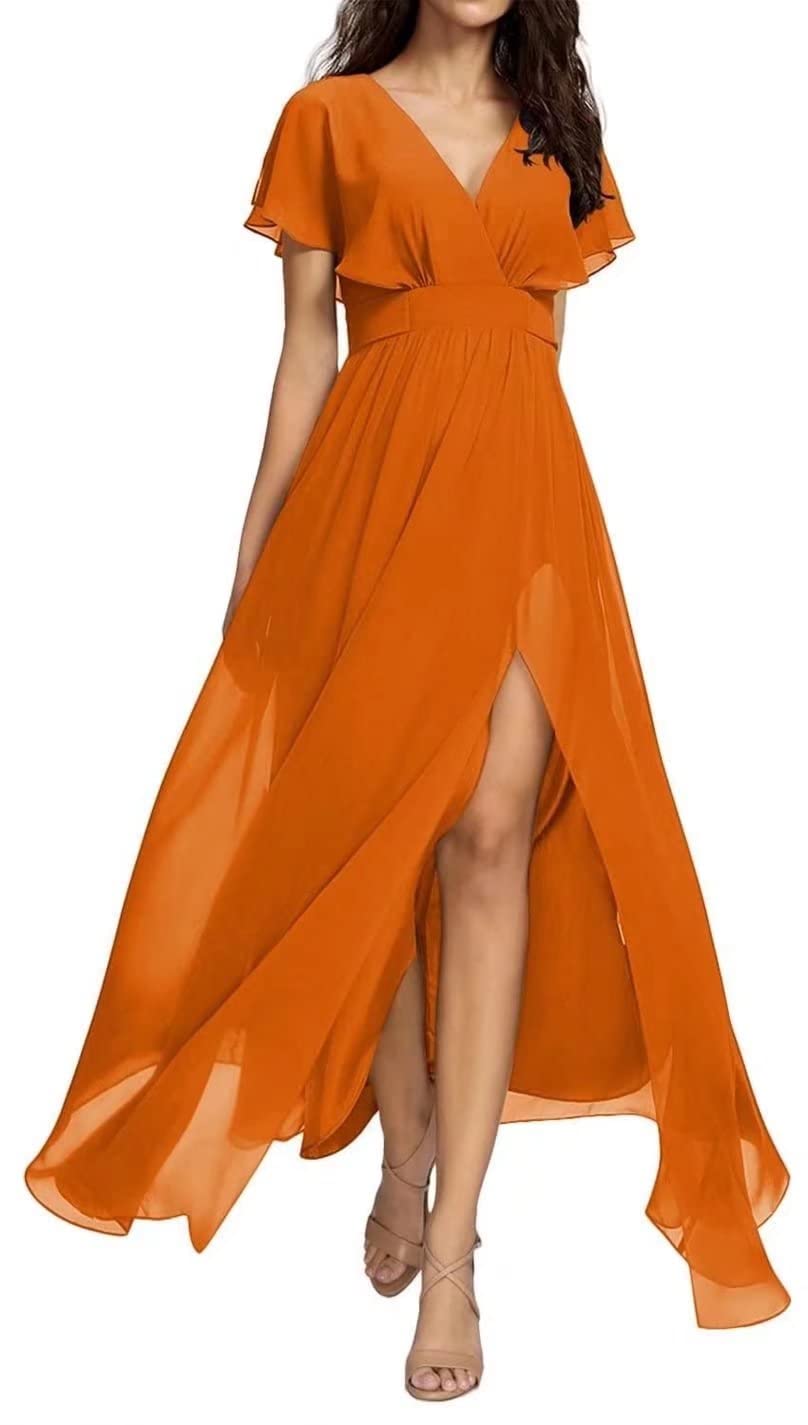 Elegant Chiffon Maxi Dress with Ruffle Sleeves & High Slit - A-Line Formal Evening Gown for Bridesmaids, Women's Party Dress YE22 | Perfect for Weddings, Prom, Cocktail Parties & Special Occasions